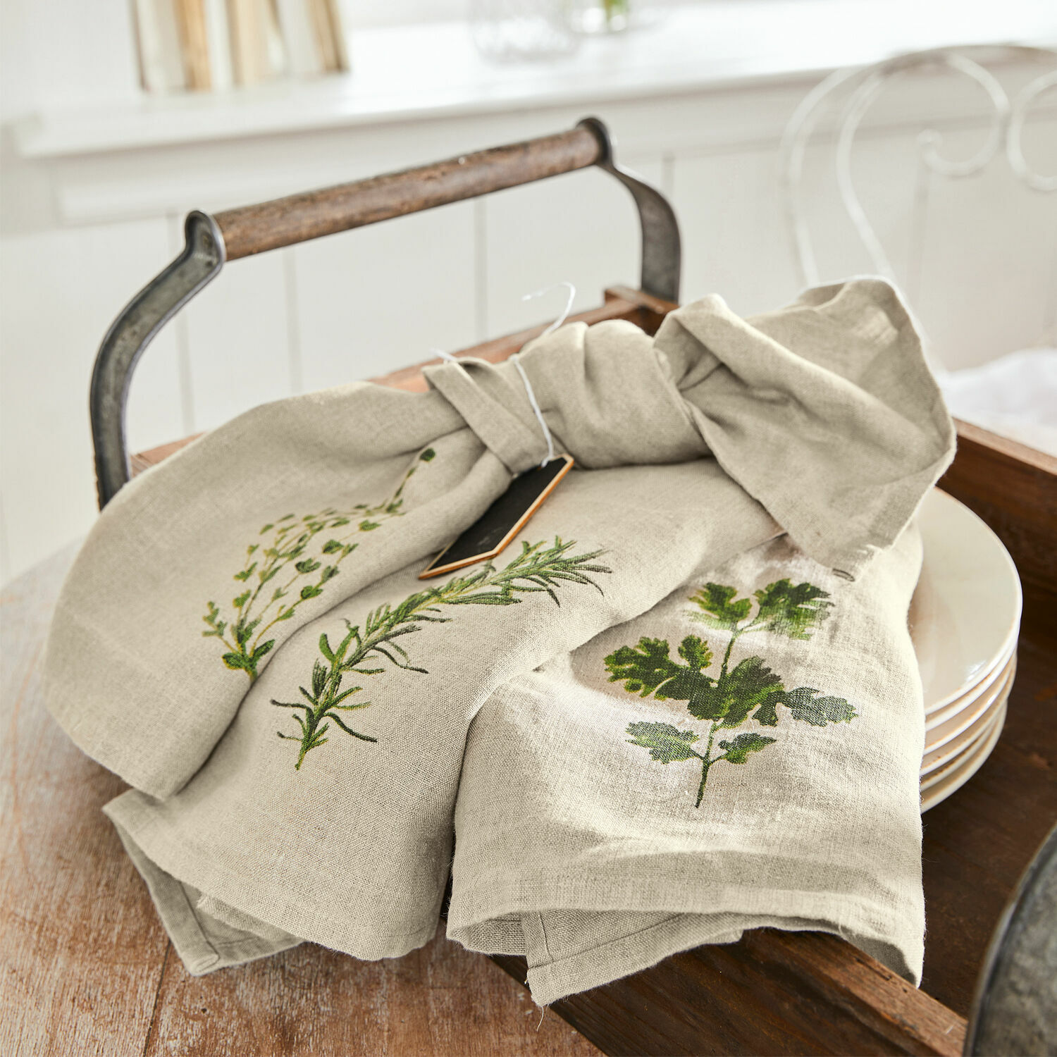 Lot de 3 torchons Herbal Gardens Torchons de cuisine en lin beige avec motifs d'herbes vertes pour décoration et usage pratique