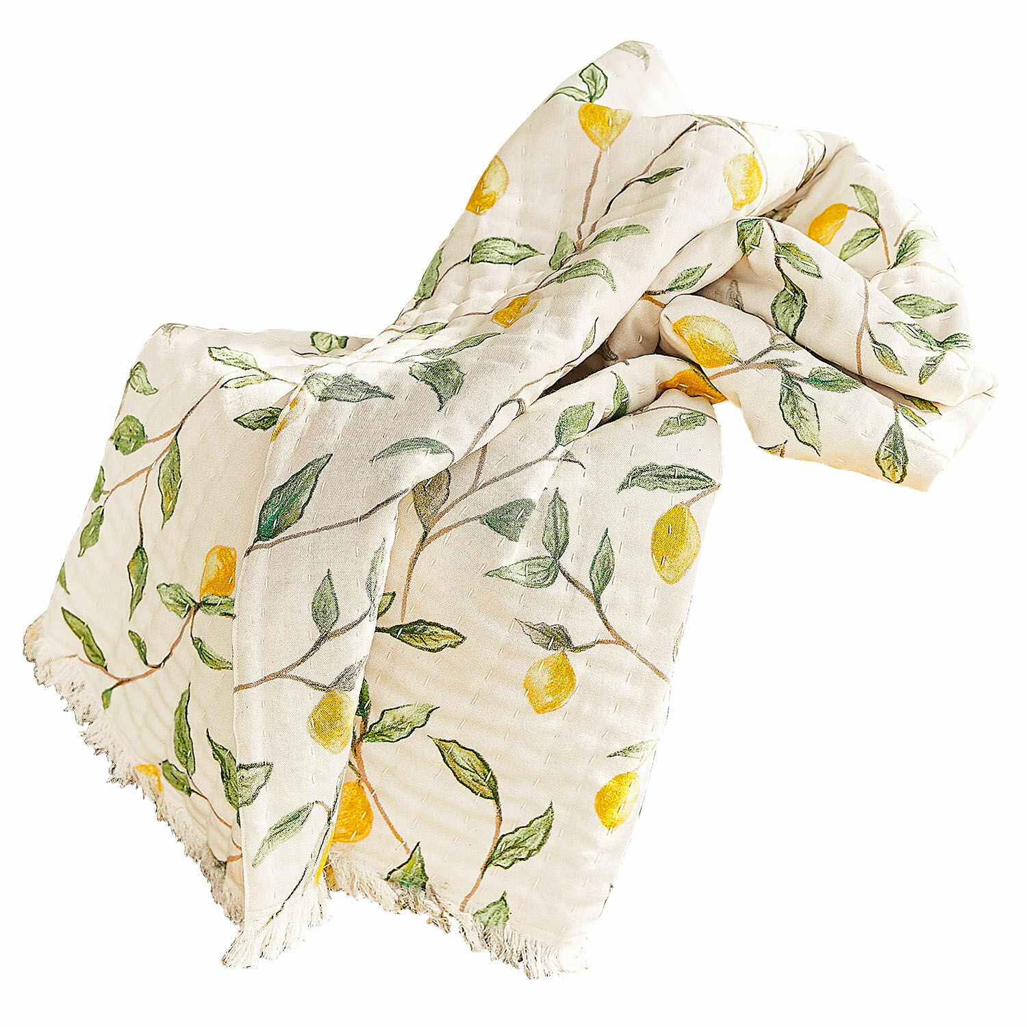 Plaid Palerina Plaid en coton crème avec imprimé citrons jaunes et feuilles vertes, bordure à franges