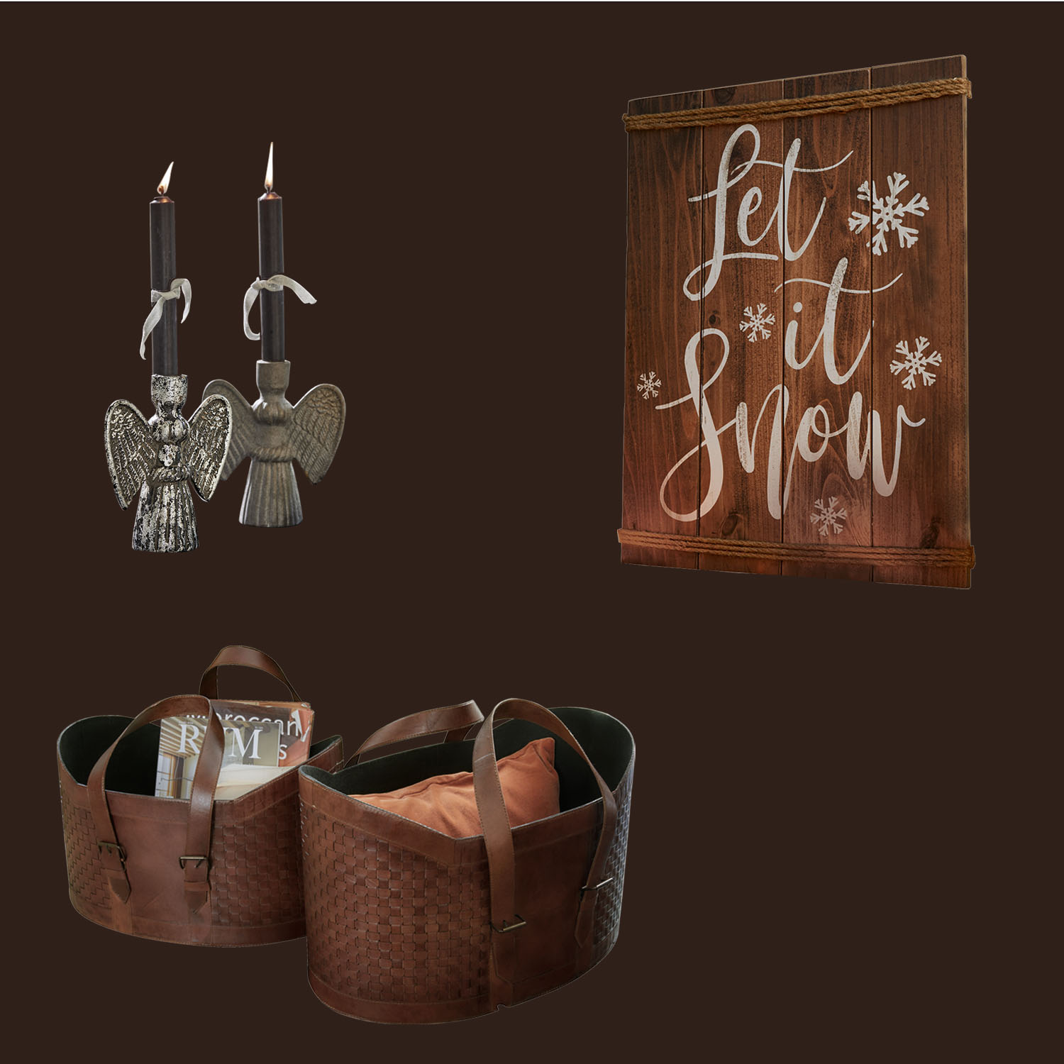 Ensemble déco de Noël avec bougeoirs ange en métal, panneau en bois Let it Snow, paniers en cuir marron