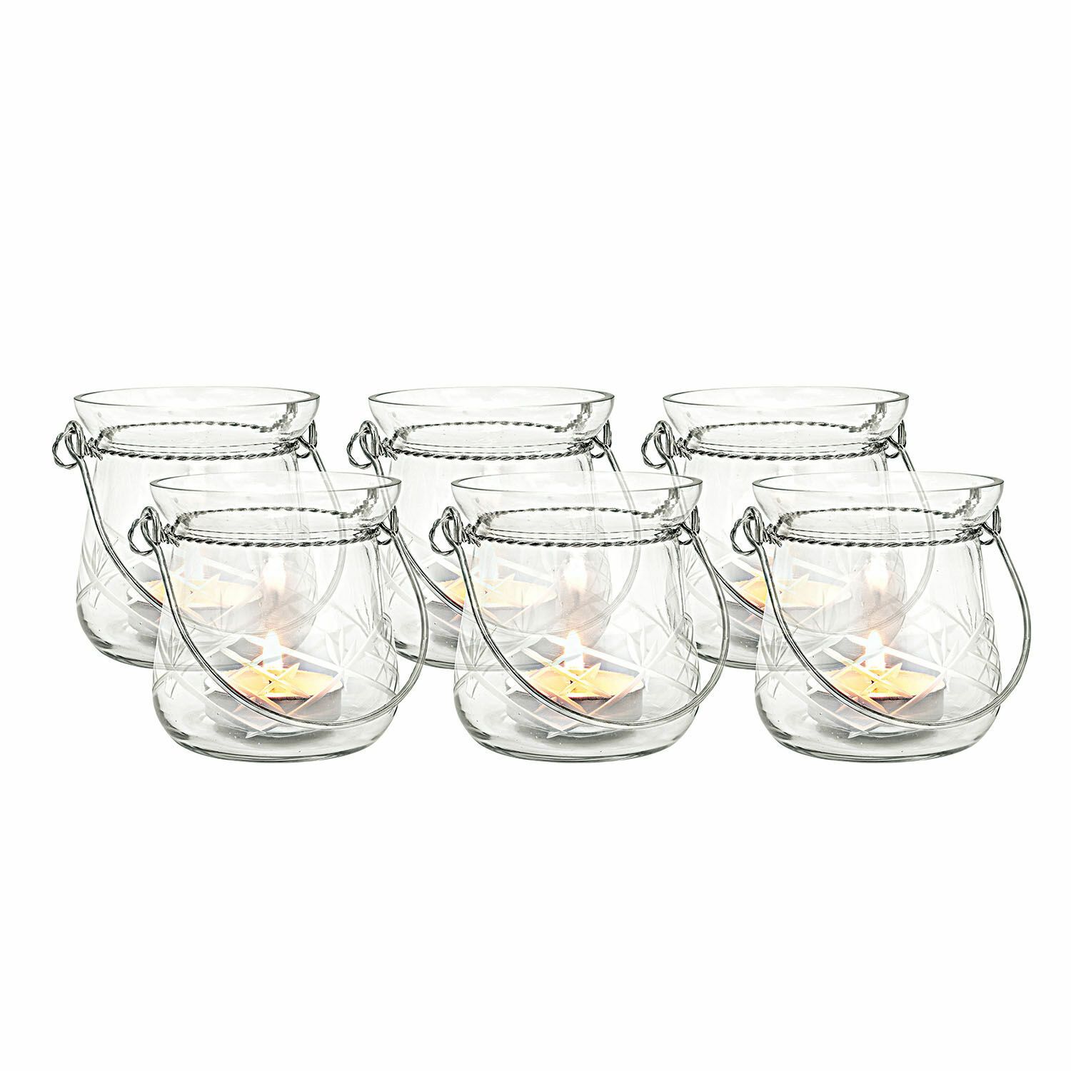 Lot de 6 photophores Mathilde Ensemble de 6 lanternes en verre transparent avec poignées et bougies pour décoration intérieure