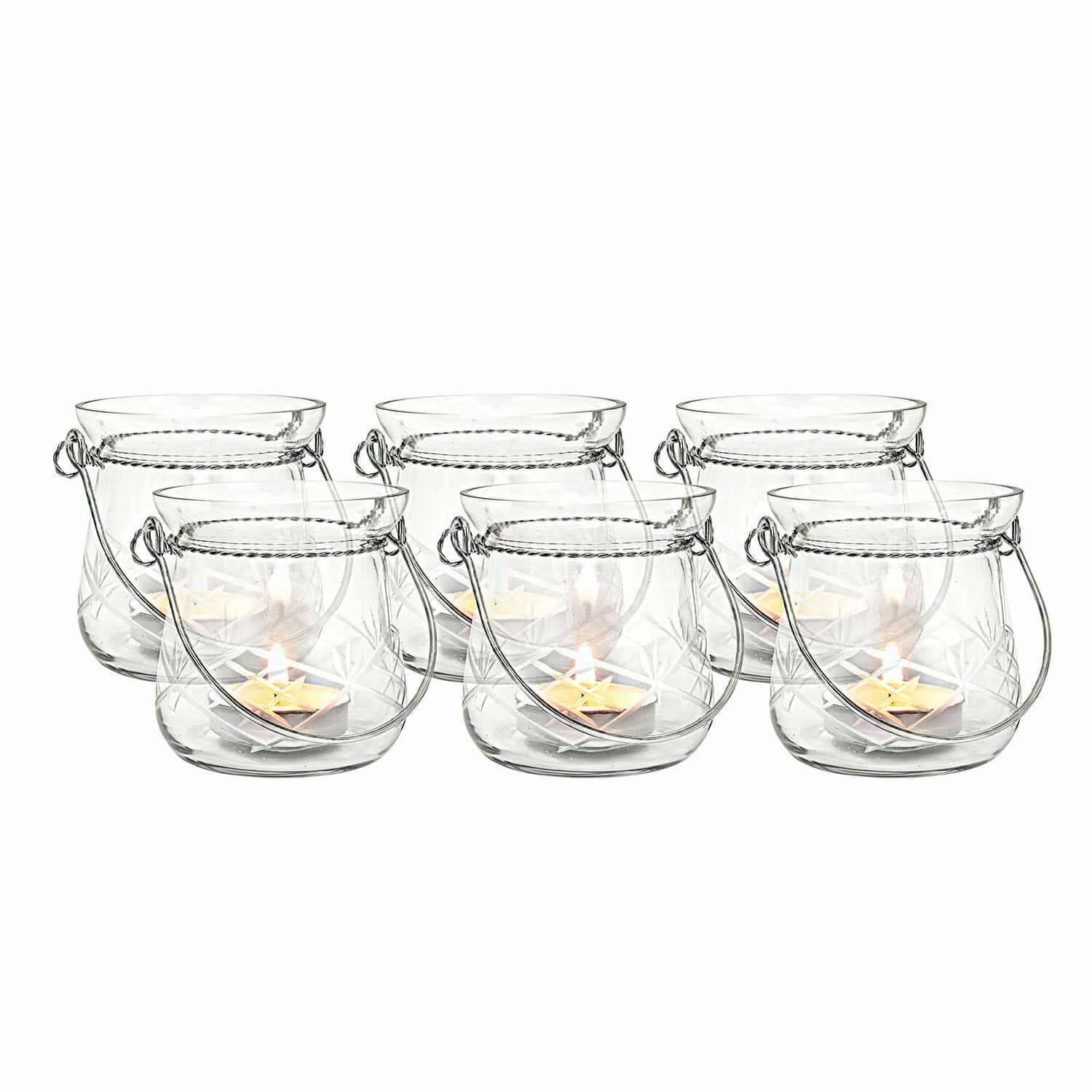 Lot de 6 photophores Mathilde Ensemble de 6 lanternes en verre transparent avec poignées et bougies pour décoration intérieure