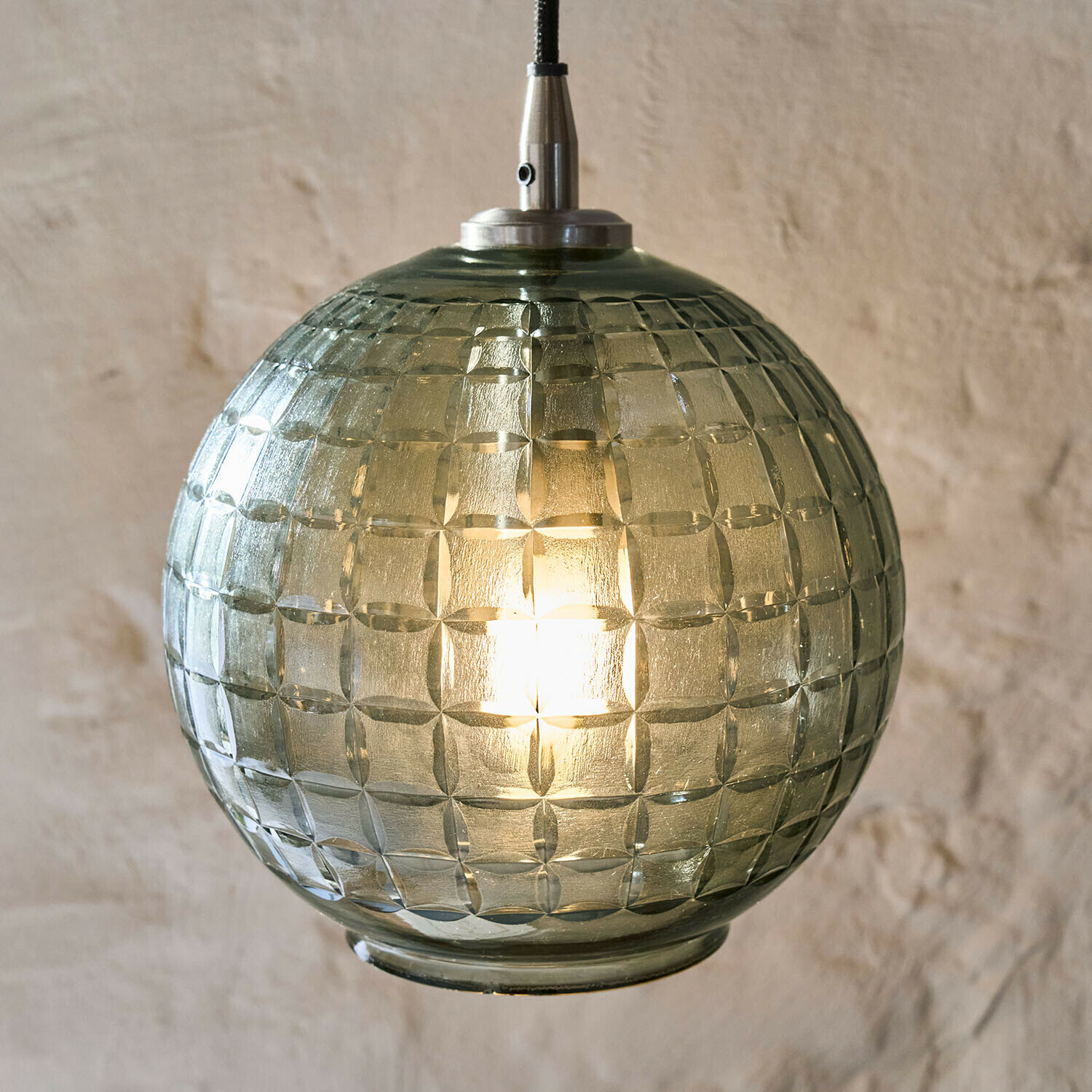 Suspension Lunémis Suspension sphérique en verre texturé vert clair, éclairage décoratif pour intérieur moderne
