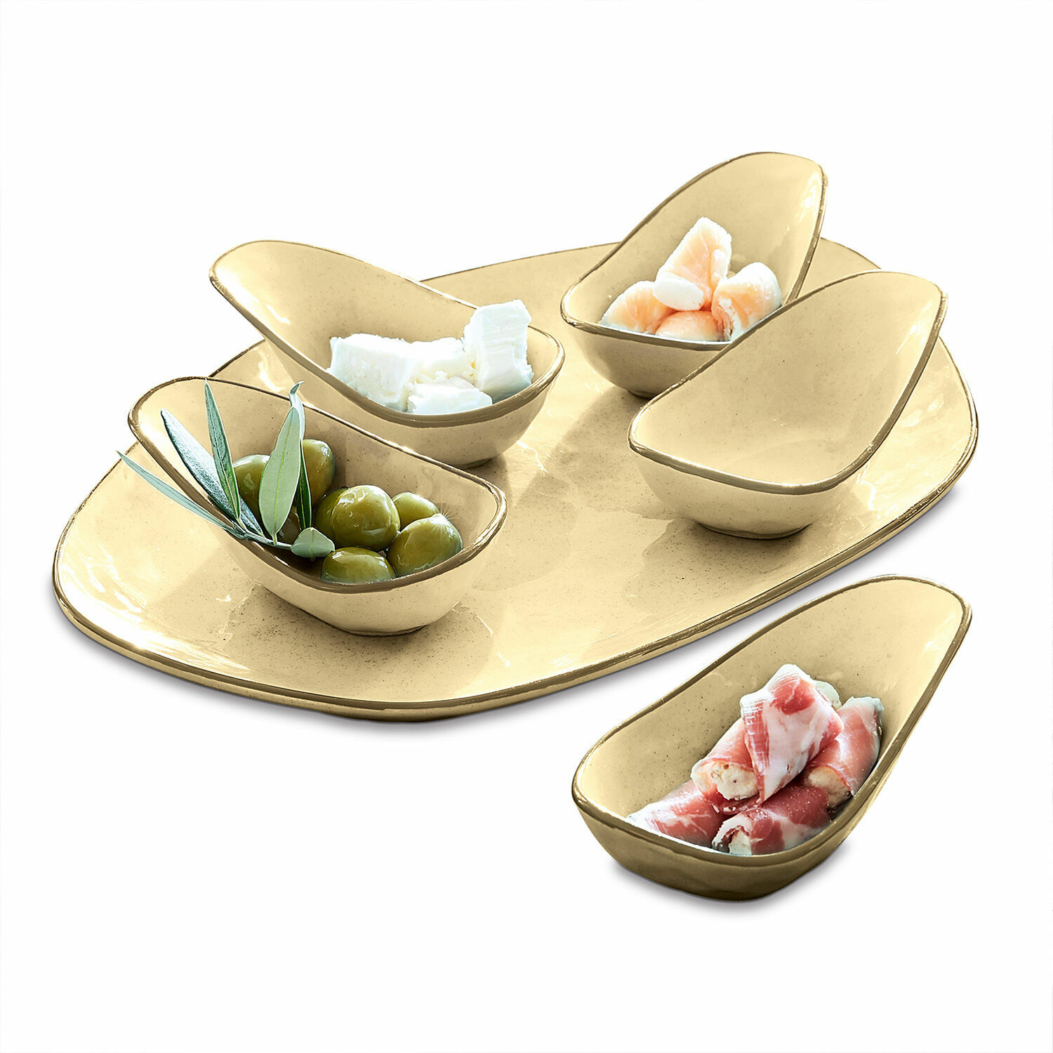 Lot de coupelles, 6 pièces Biarré Ensemble de bols et plateau en céramique beige pour servir des amuse-gueules et olives