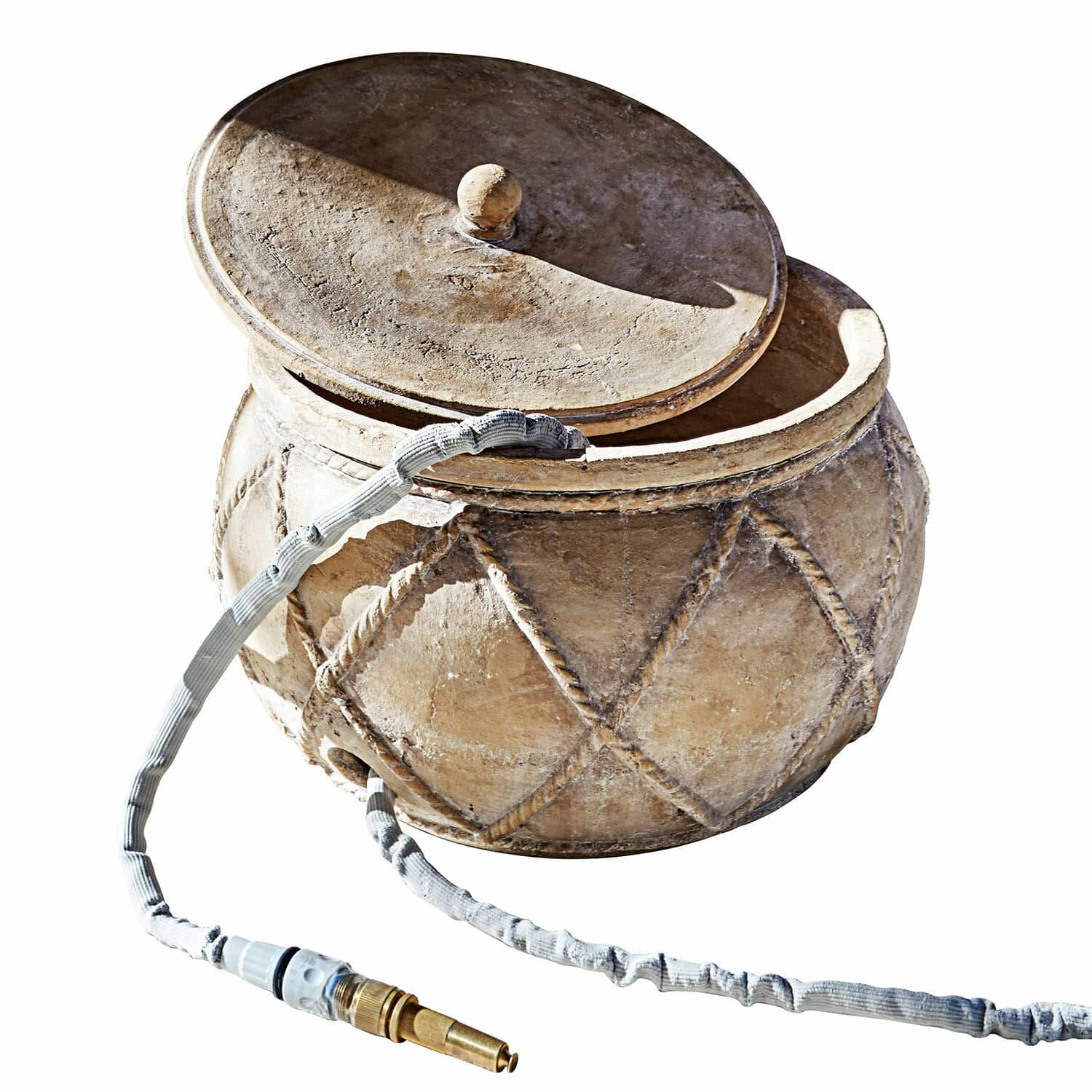 Pot pour tuyau d’arrosage Hulcier Récipient décoratif en pierre beige avec couvercle et tuyau d'arrosage extensible