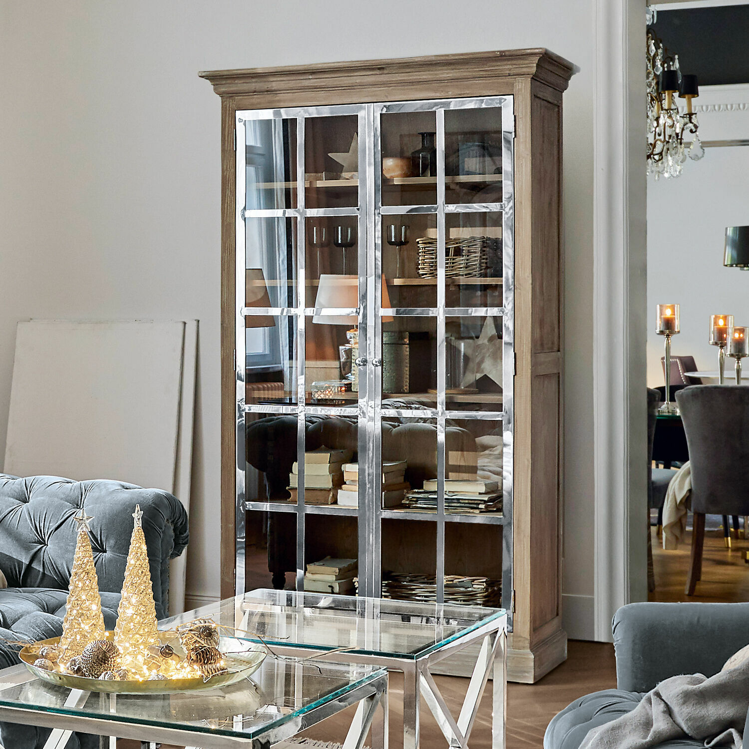 Armoire Keyport Vitrine en bois avec portes métalliques et étagères, meuble décoratif pour salon style industriel