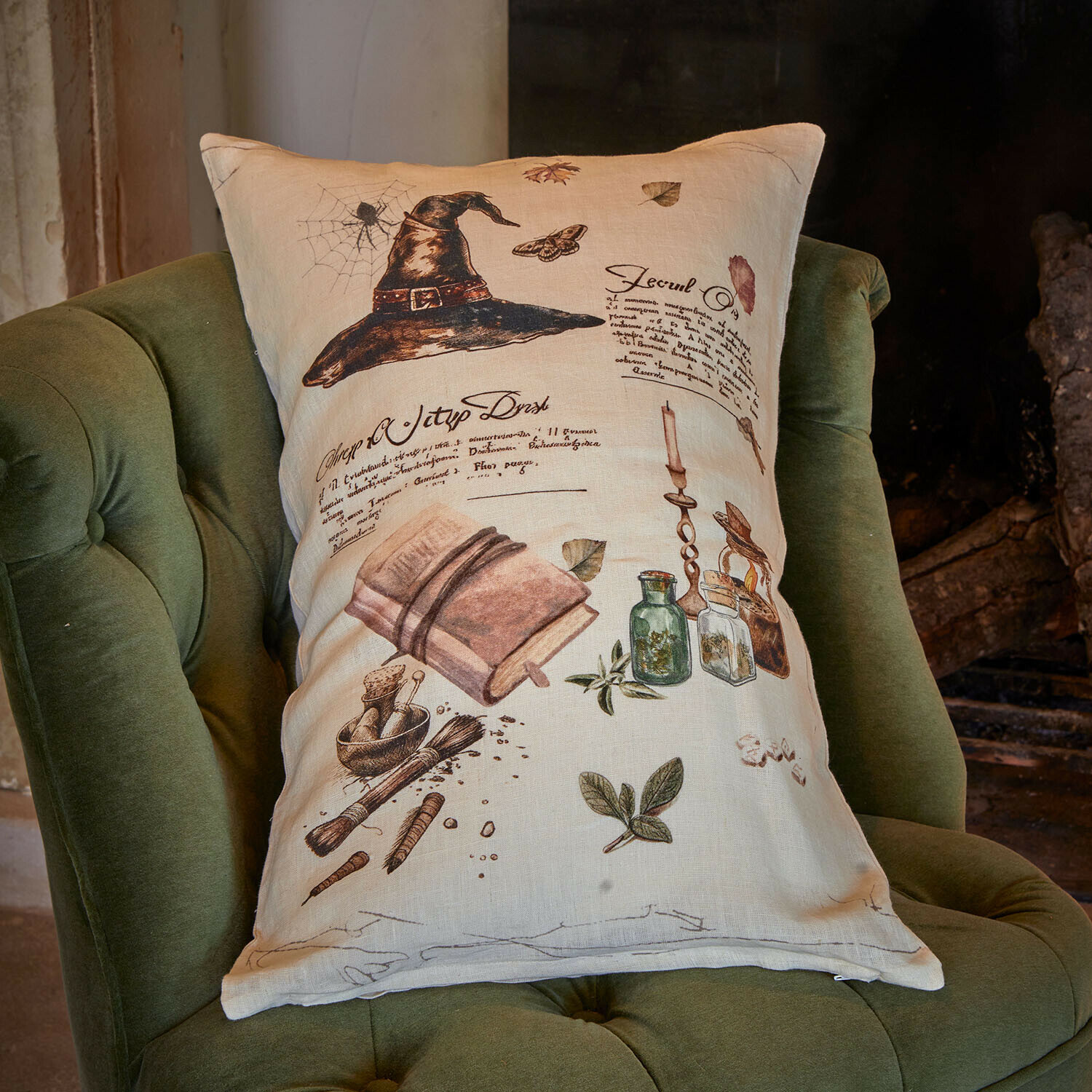 Housse de coussin Maerlinna Coussin en lin beige avec imprimé chapeau noir, livre et herbes sur fauteuil vert