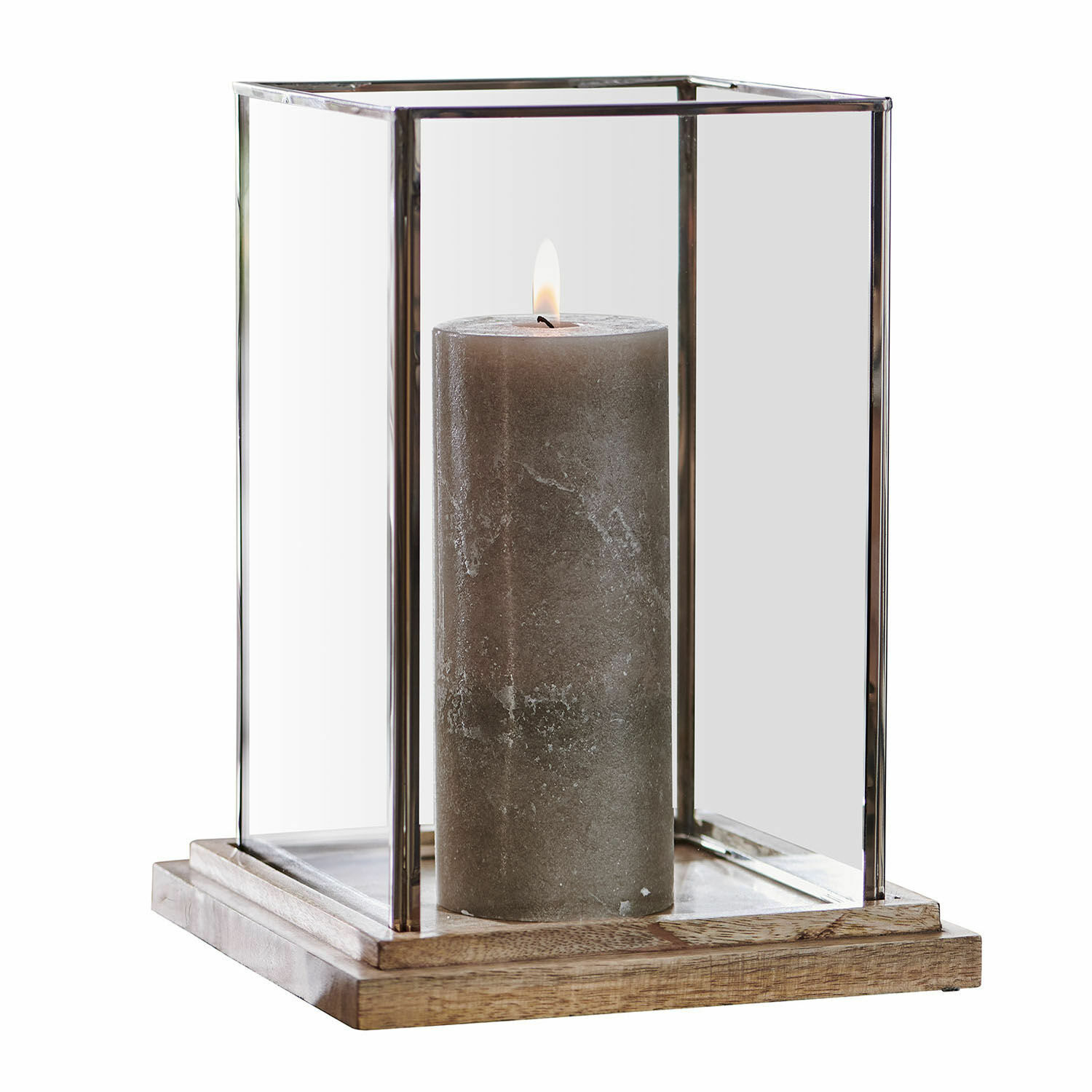 Photophore Storrs Lanterne en verre avec cadre métallique et base en bois, bougie grise allumée à l'intérieur