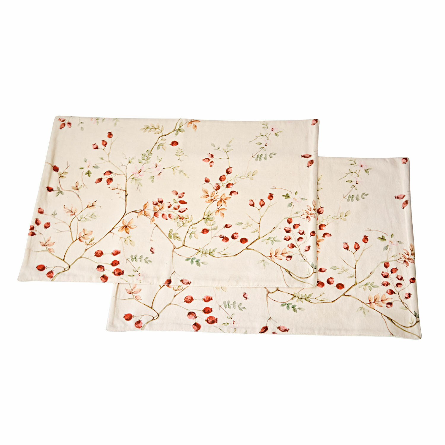 Lot de 2 sets de table Mauriac Chemins de table en lin crème avec motifs rouges de fruits et feuilles vertes pour décoration de table