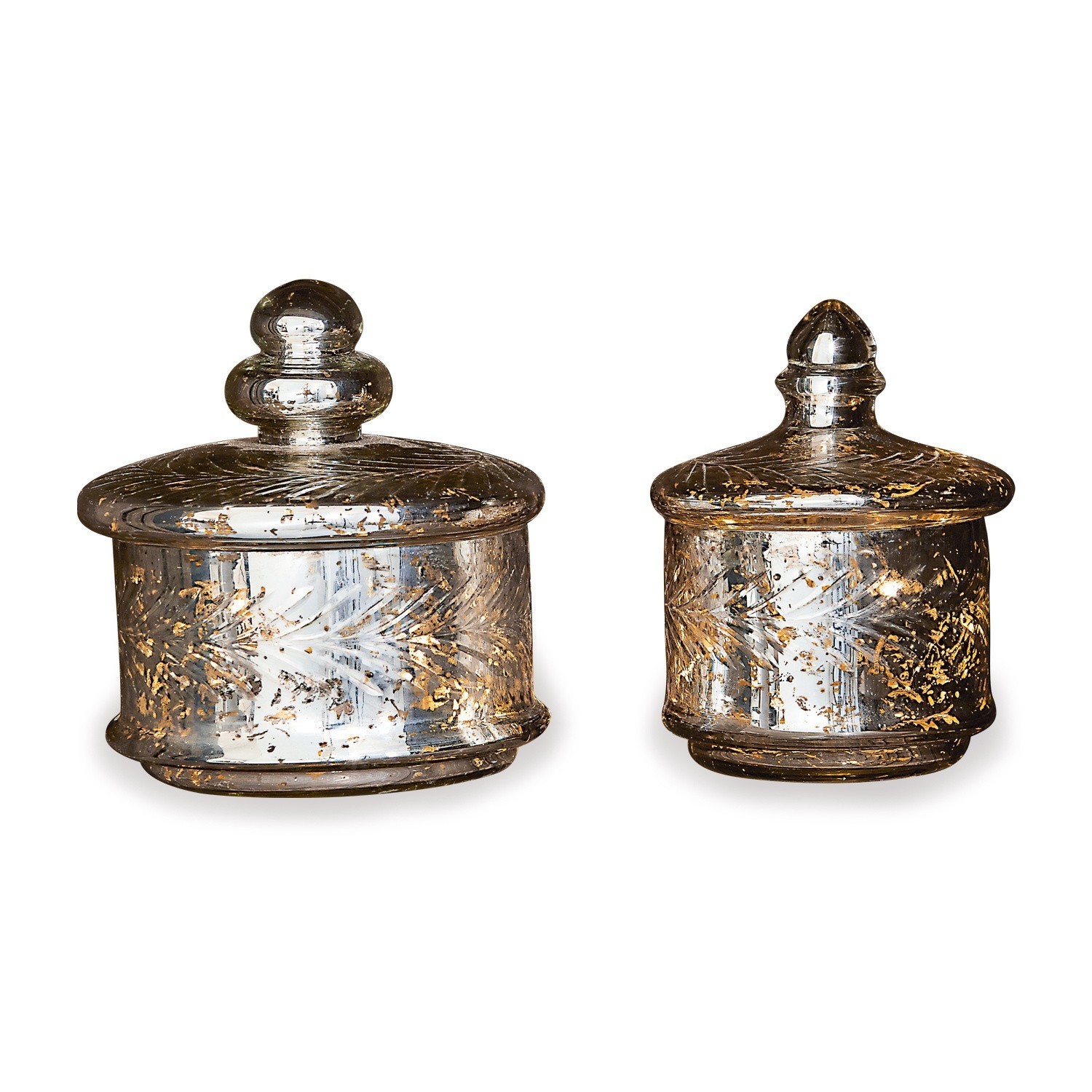 Lot de 2 pots en verre Elexa Ensemble de deux bocaux en verre avec couvercles, décor argenté et doré, décoration intérieure