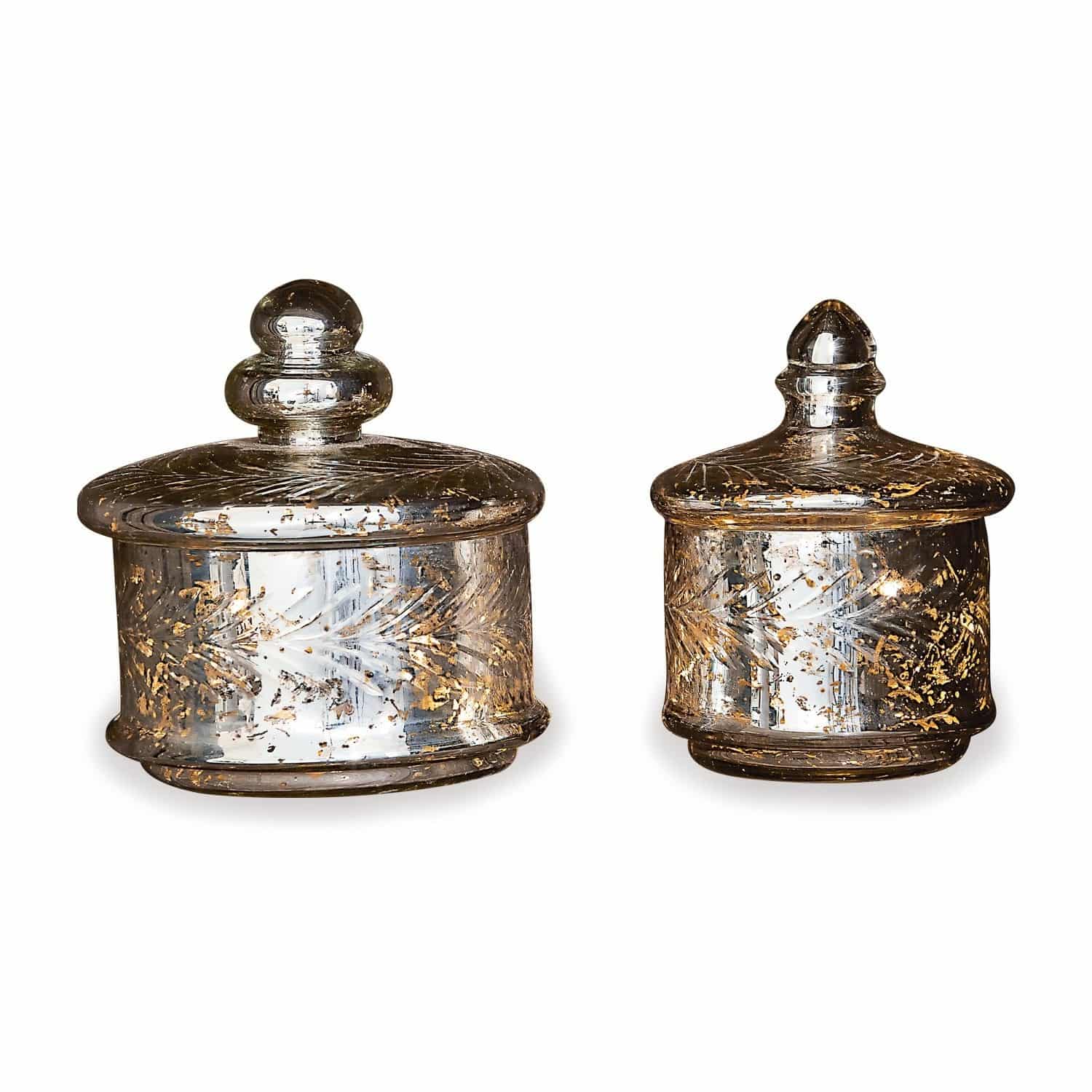 Lot de 2 pots en verre Elexa Ensemble de deux bocaux en verre avec couvercles, décor argenté et doré, décoration intérieure