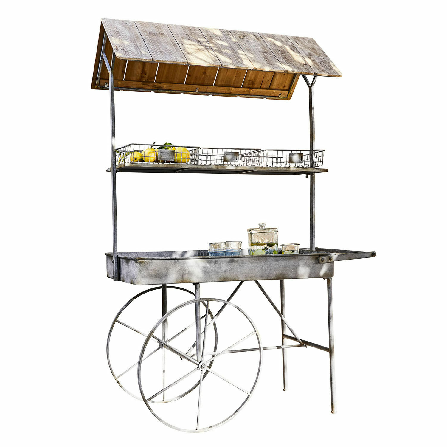 Table de rempotage Granby Chariot de marché en métal avec toit en bois et étagère pour fruits style vintage