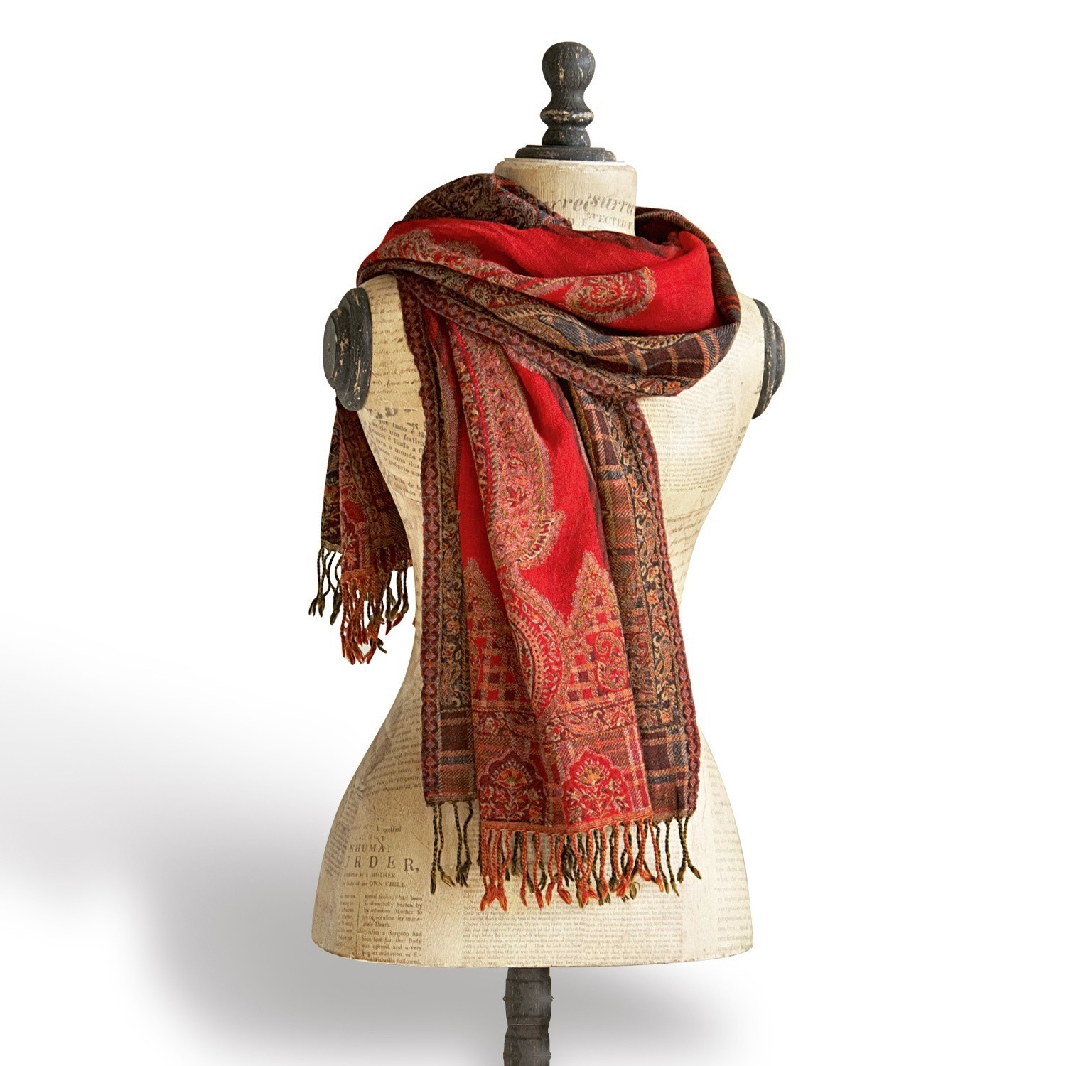 Étole Latette Écharpe rouge à motifs cachemire avec franges sur mannequin, tissu doux, accessoire mode