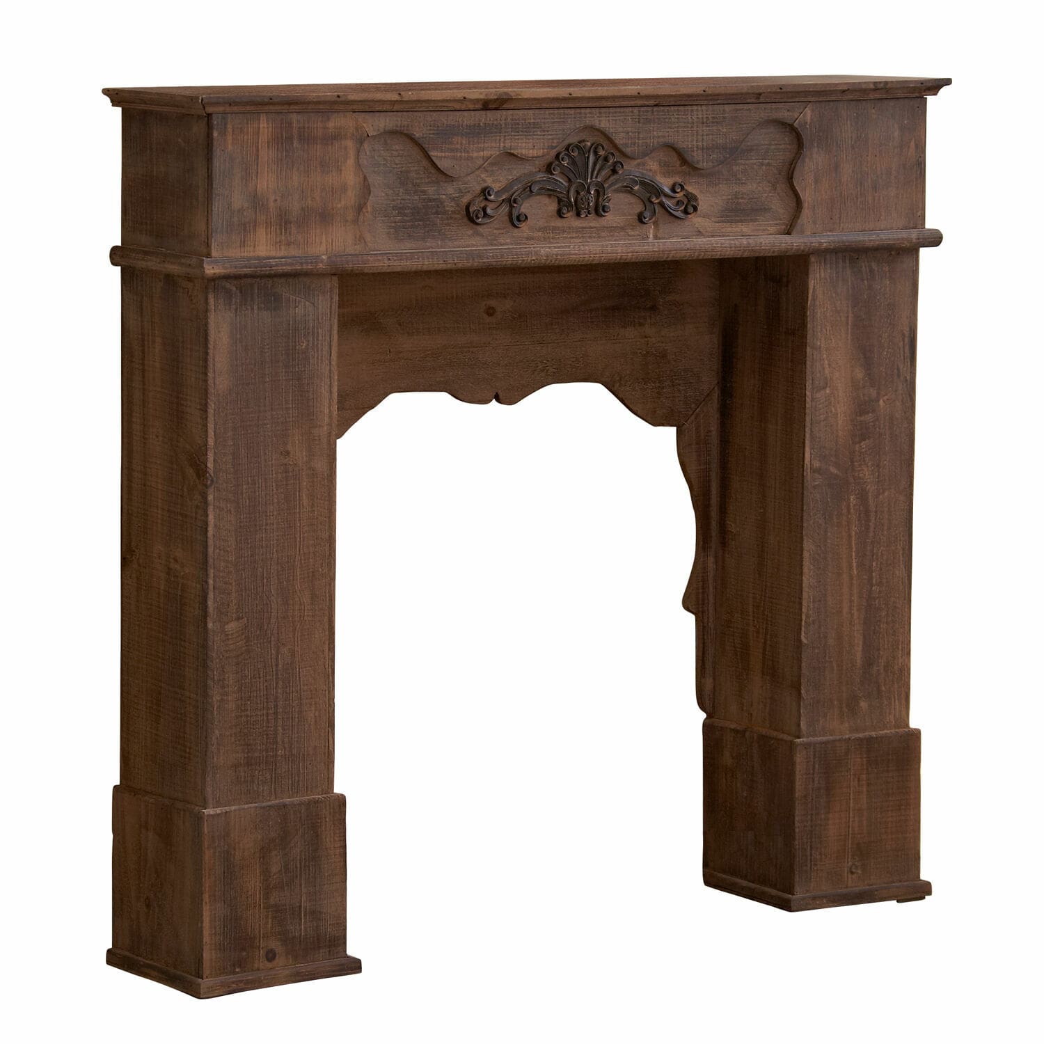 Manteau de cheminée Margaux Encadrement de cheminée en bois brun foncé avec ornement sculpté, style rustique vintage