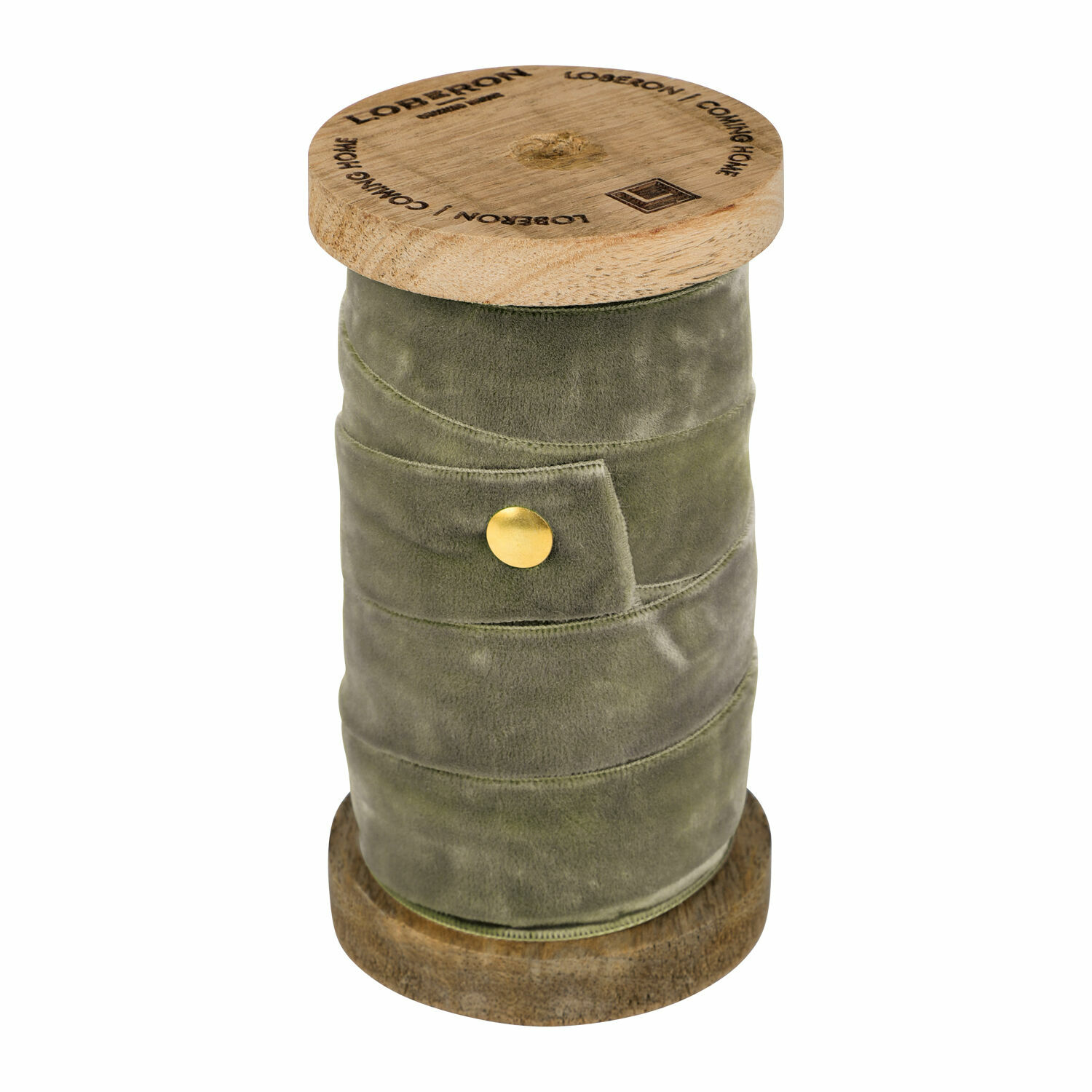 Ruban en velours olive sur bobine en bois pour décoration et loisirs créatifs