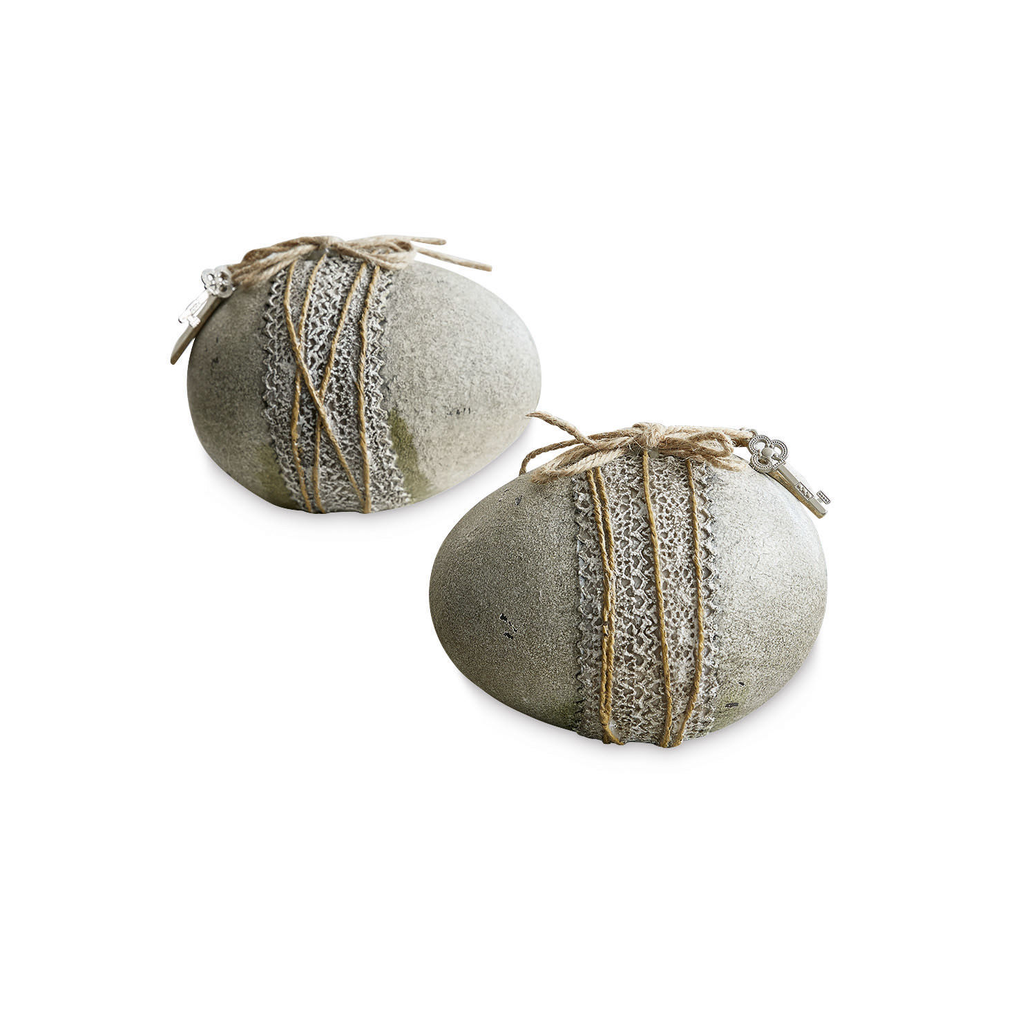 Lot de 2 œufs de Pâques Réjane Pierres décoratives grises avec dentelle et corde, décoration naturelle et rustique pour intérieur