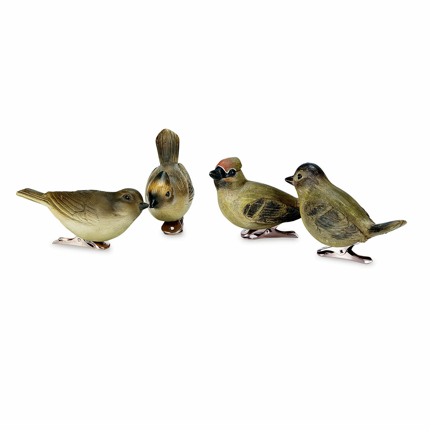 Lot de 4 oiseaux décoratifs Pompaire Ensemble de quatre oiseaux décoratifs en plastique aux tons verts et bruns naturels avec pinces