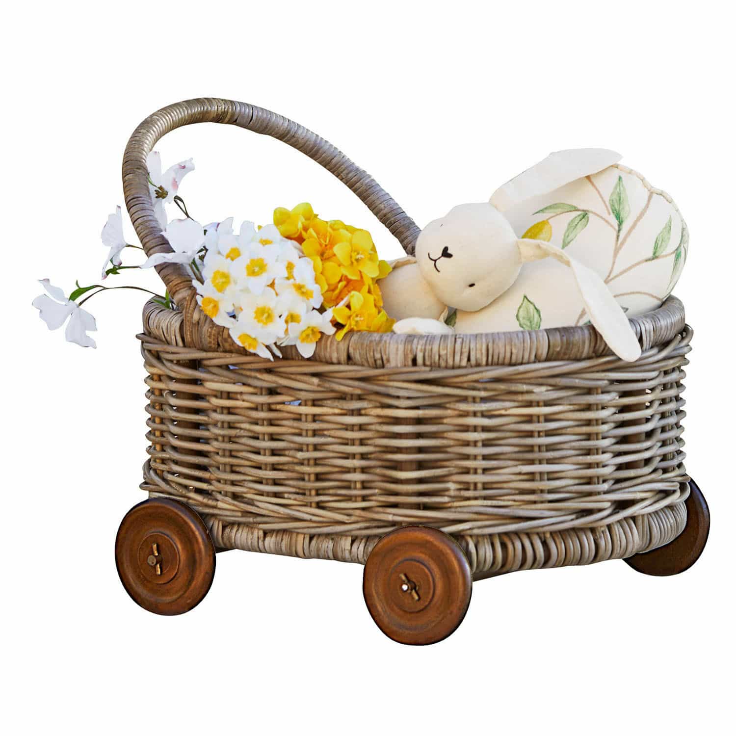 Chariot à roulettes Narivena Panier en osier sur roulettes avec lapin en peluche et fleurs jaunes et blanches décoratives
