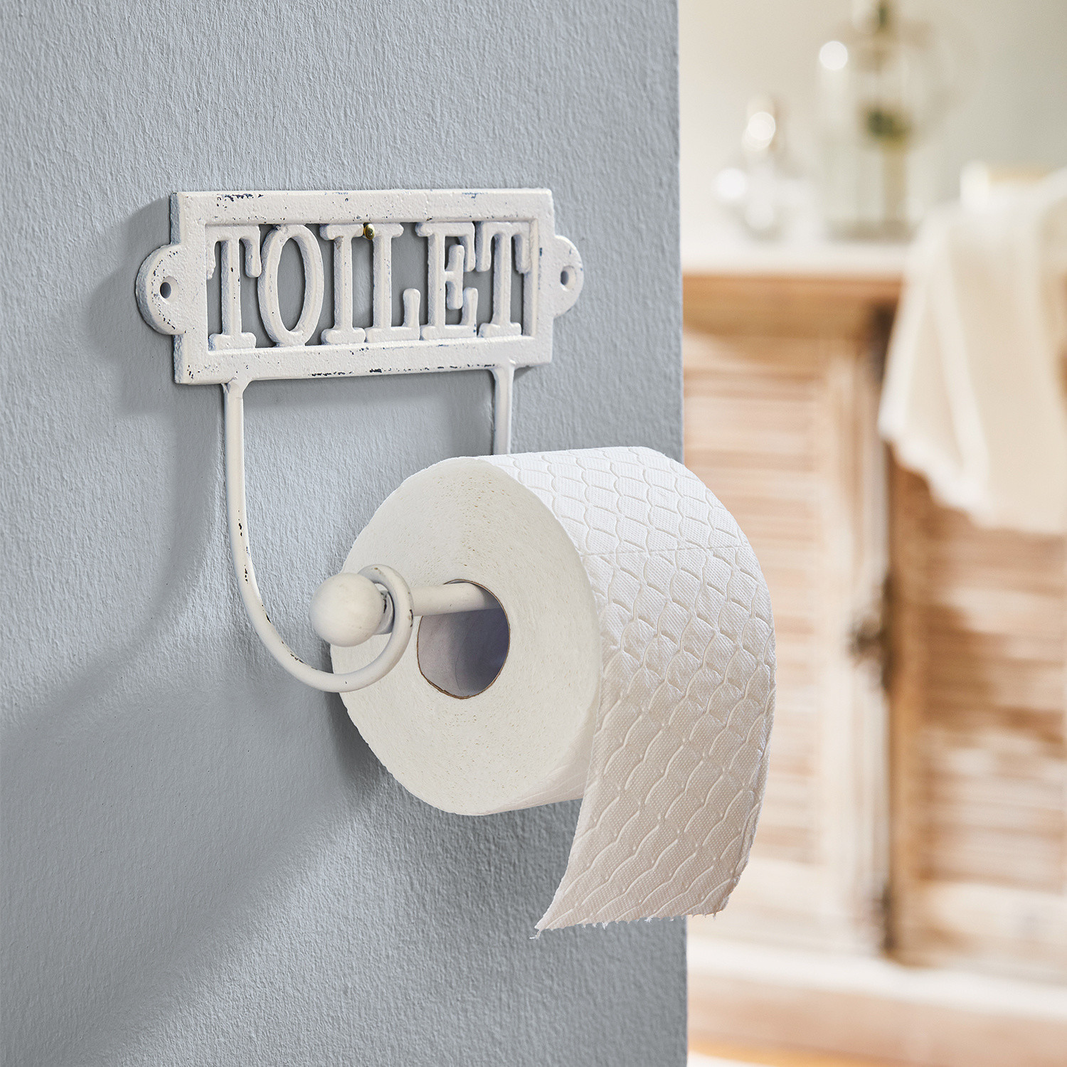 Porte-papier toilette Miramas Porte-papier toilette en métal blanc avec inscription TOILET pour salle de bain vintage