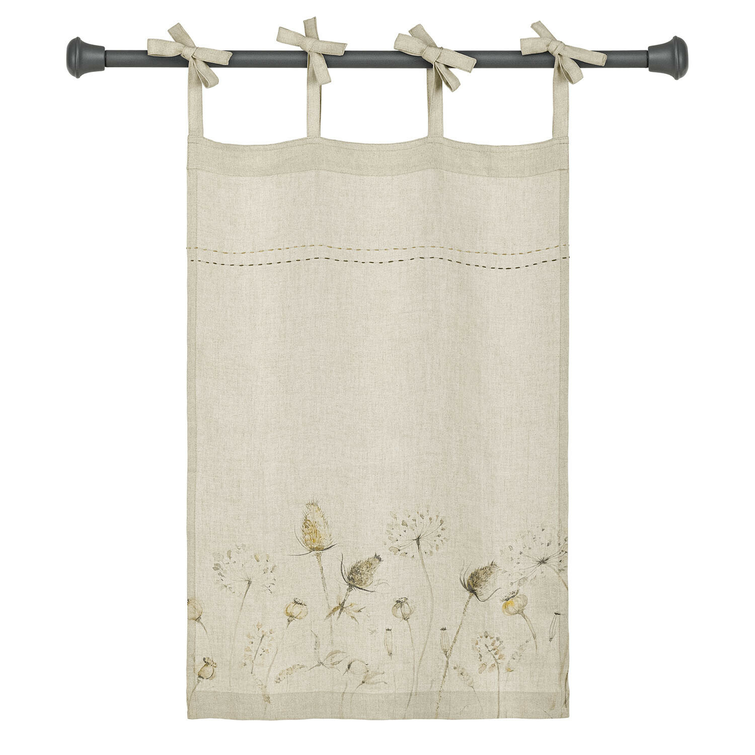 Brise-bise Bellérine Rideau en lin beige avec motif floral délicat et attaches nouées sur tringle, décoration de fenêtre