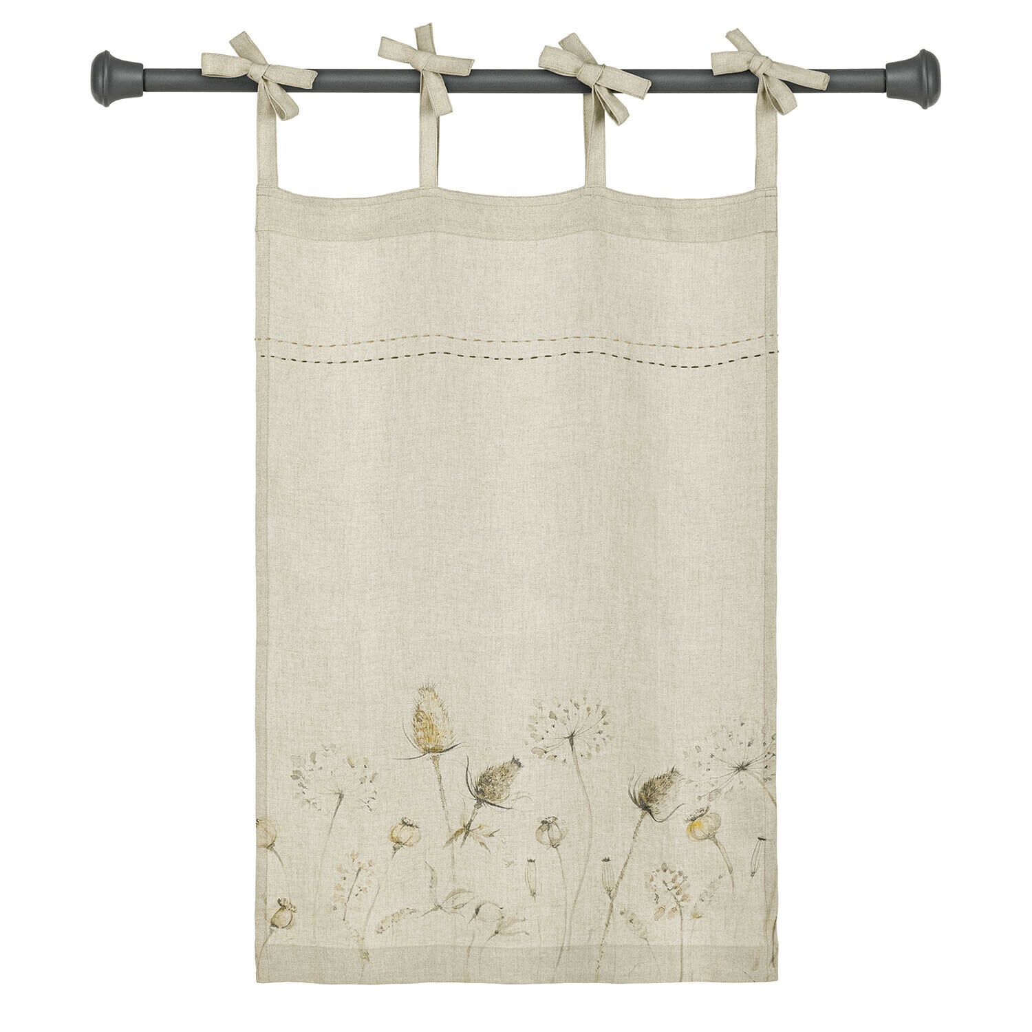Brise-bise Bellérine Rideau en lin beige avec motif floral délicat et attaches nouées sur tringle, décoration de fenêtre