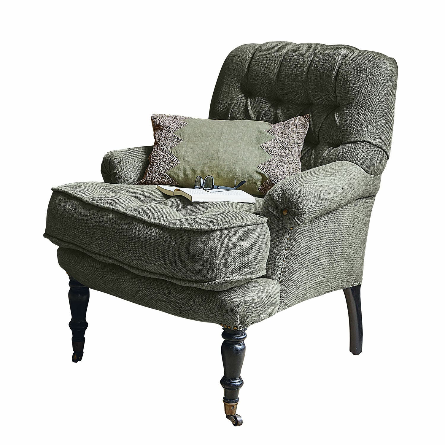 Fauteuil Gyldford Fauteuil gris en tissu avec coussin décoratif et pieds en bois à roulettes, siège confortable