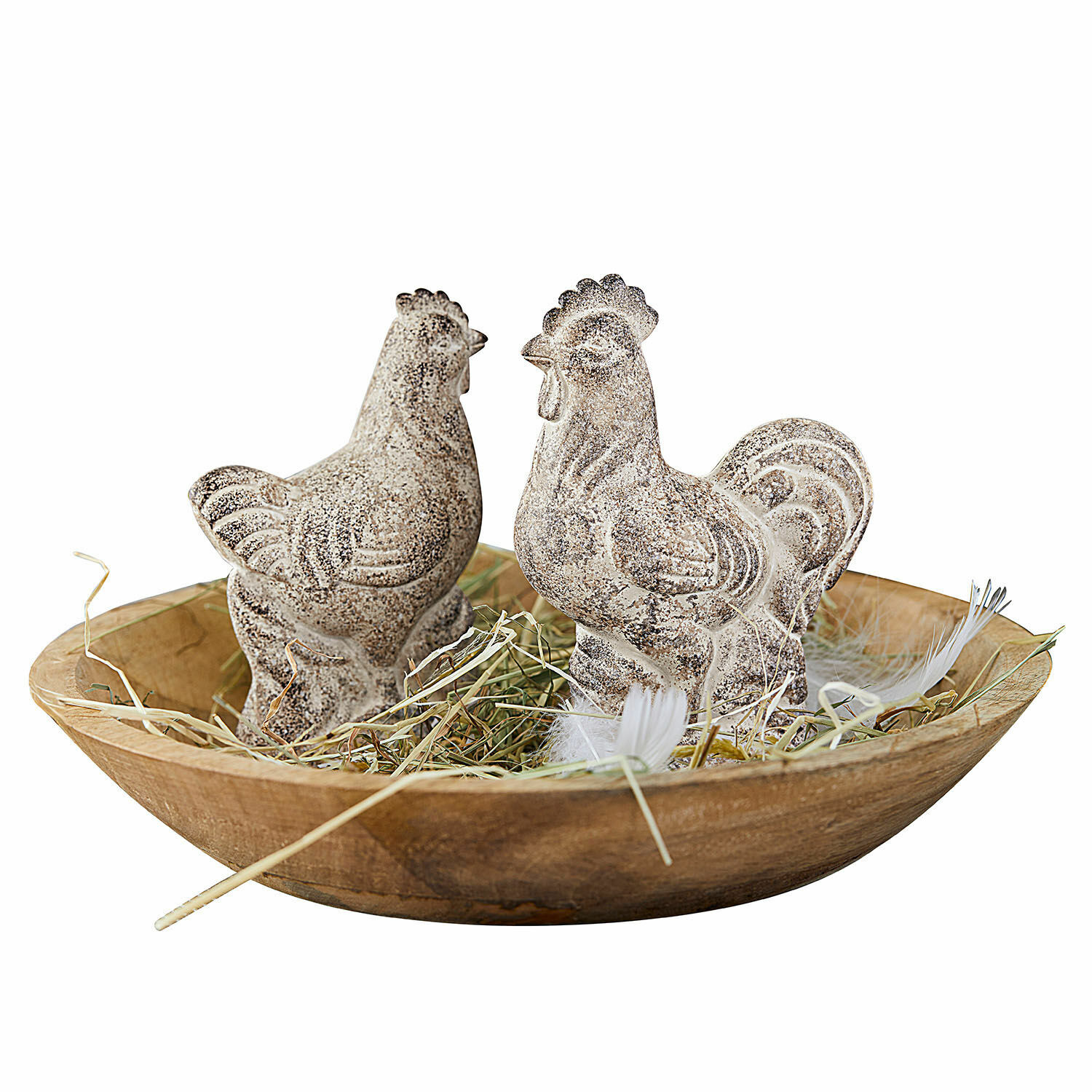 Coq et poule Gesualdo Figurines décoratives de coq et poule en pierre dans un bol en bois avec paille, décoration rustique