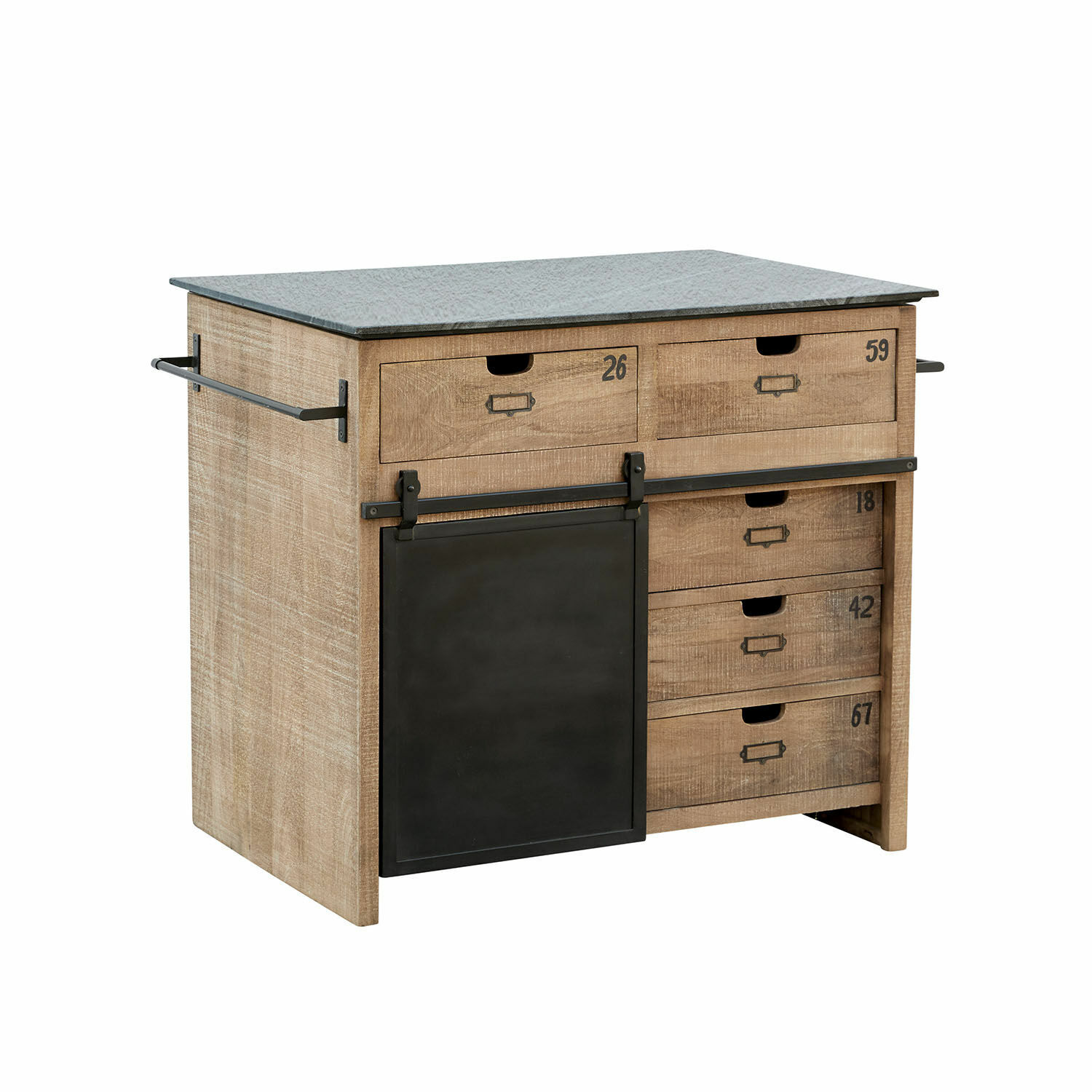 Îlot de cuisine Oakland Commode en bois de manguier avec tiroirs métalliques noirs numérotés, meuble de rangement