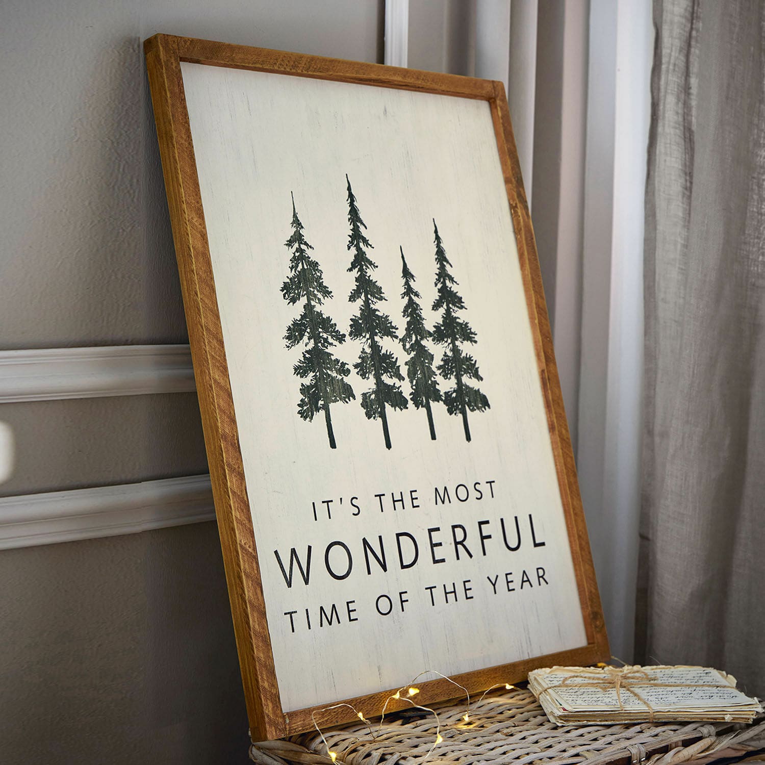 Tableau Wonderful Décoration murale en bois avec texte et dessin d'arbres en couleurs naturelles pour intérieur.