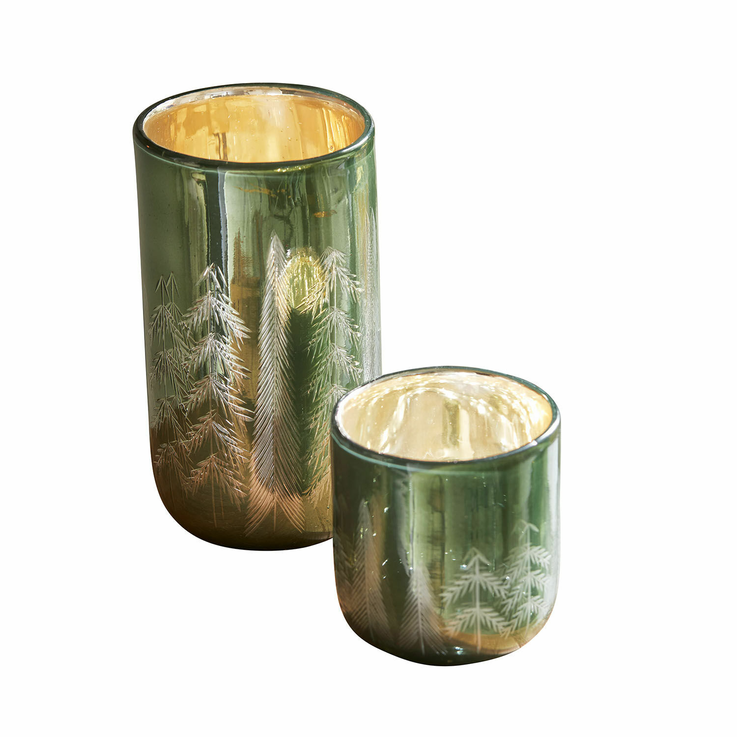 Lot de 2 photophores Harifaz Ensemble de deux photophores en verre vert avec motif d'arbres et intérieur doré pour décoration intérieure