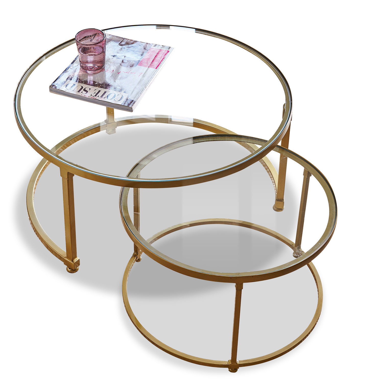 Lot de 2 tables basses Caraman Ensemble de deux tables basses rondes avec plateau en verre et cadre métallique doré pour salon