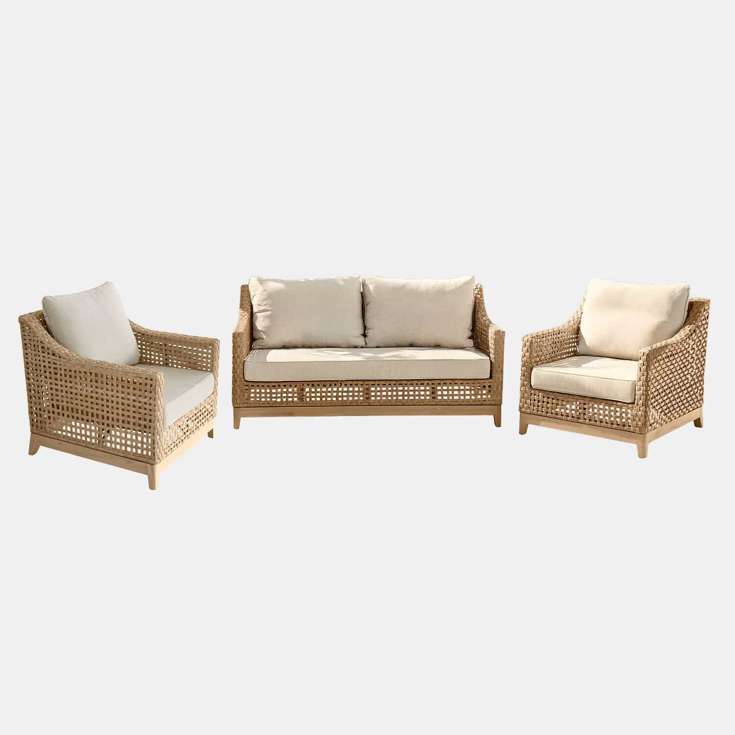 Salon de jardin Isolara Ensemble de meubles en rotin naturel avec coussins crème, parfait pour un salon confortable et élégant
