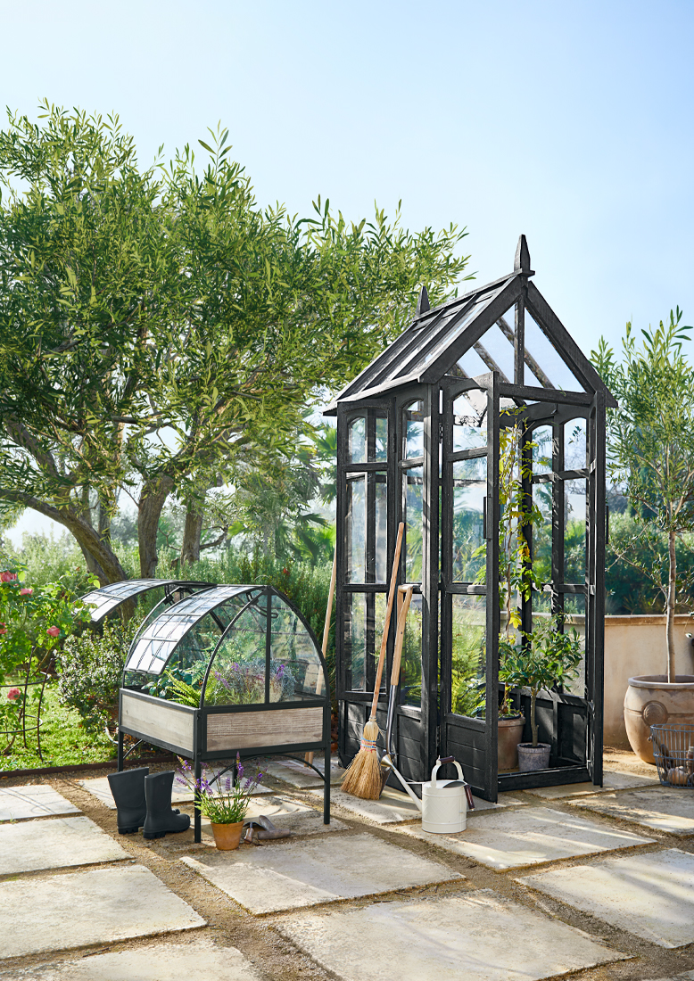 Serre de jardin noire en métal et verre avec outils de jardinage posés sur terrasse ensoleillée.