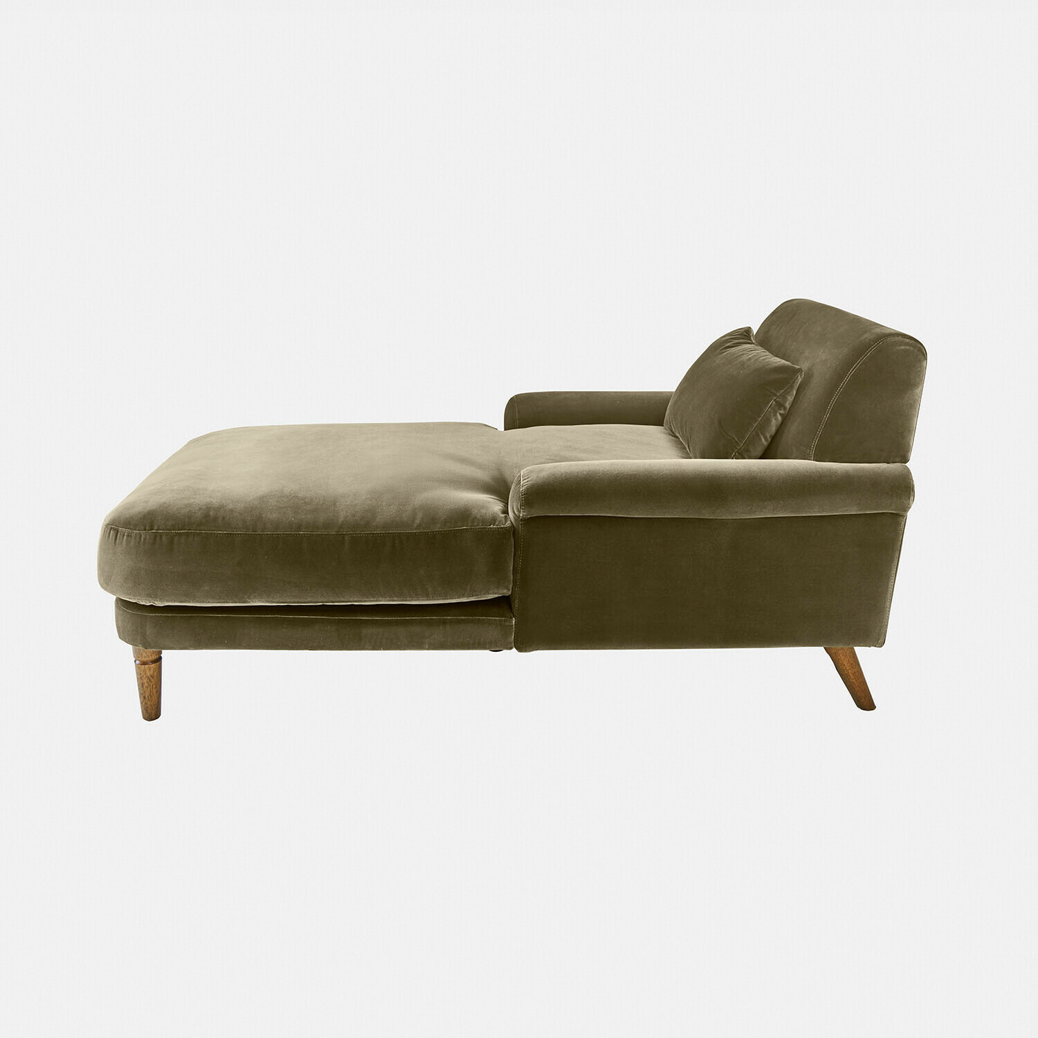 vert Chaiselongue Jouvrelle en velours vert avec pieds en bois, confortable pour un coin détente élégant