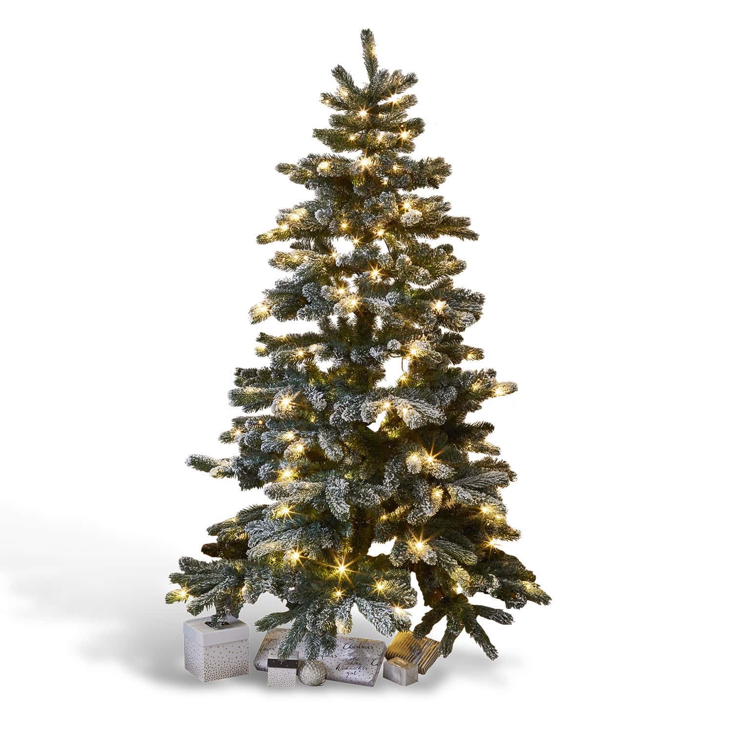 Sapin de Noël Mannier Sapin artificiel avec branches enneigées et lumières LED chaudes, cadeaux au pied de l'arbre