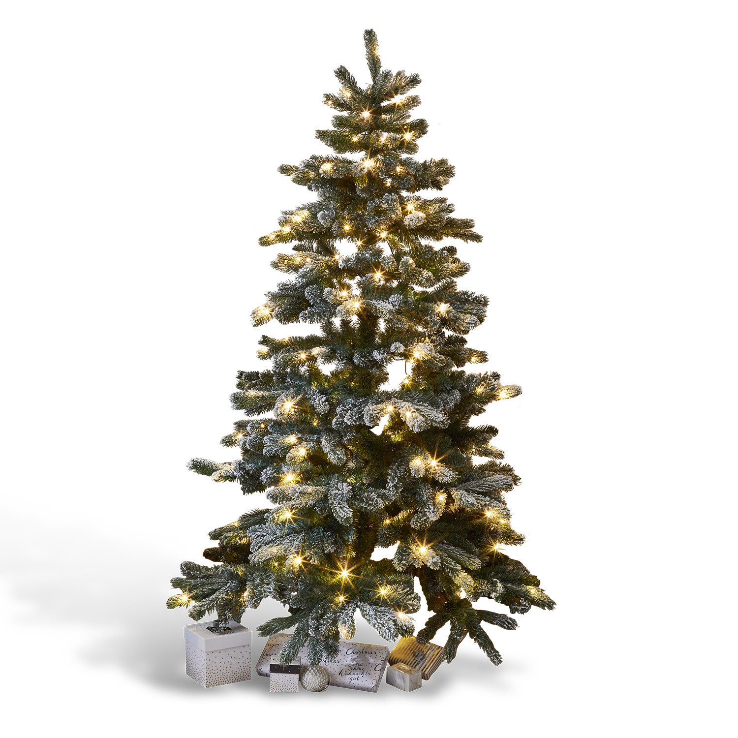 Sapin de Noël Mannier Sapin artificiel avec branches enneigées et lumières LED chaudes, cadeaux au pied de l'arbre