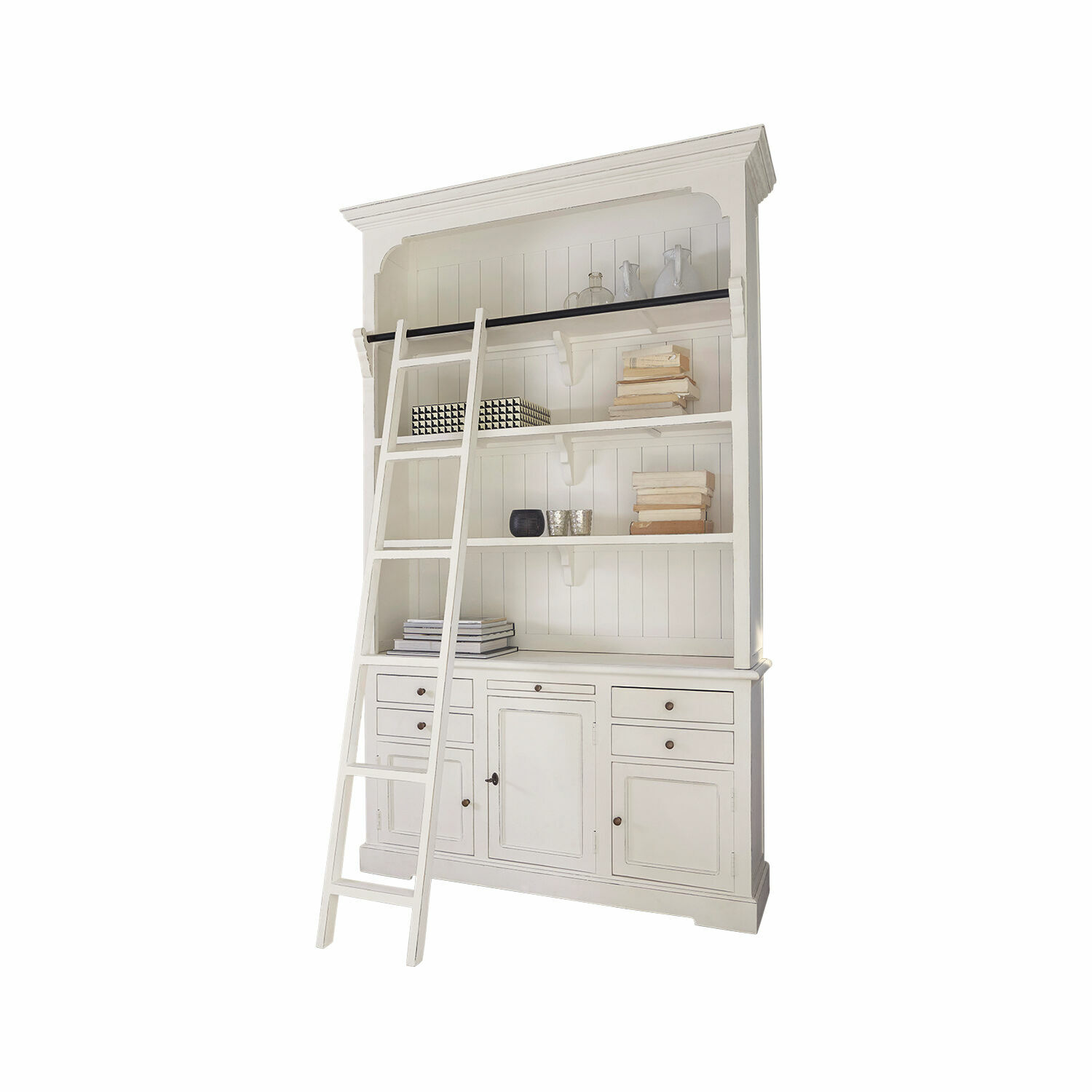 Buffet Monts Bibliothèque blanche en bois avec échelle et étagères pour livres et décorations de salon