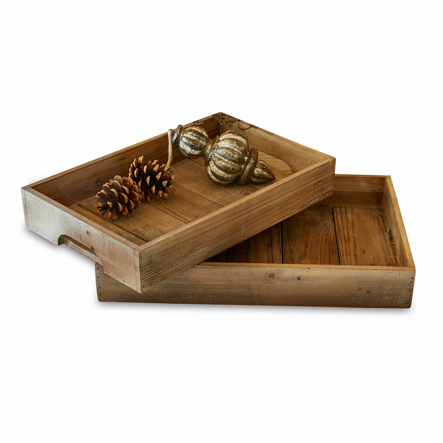 Lot de 2 plateaux Kerbella Plateaux en bois naturel avec décorations de pommes de pin et ornement doré rustique