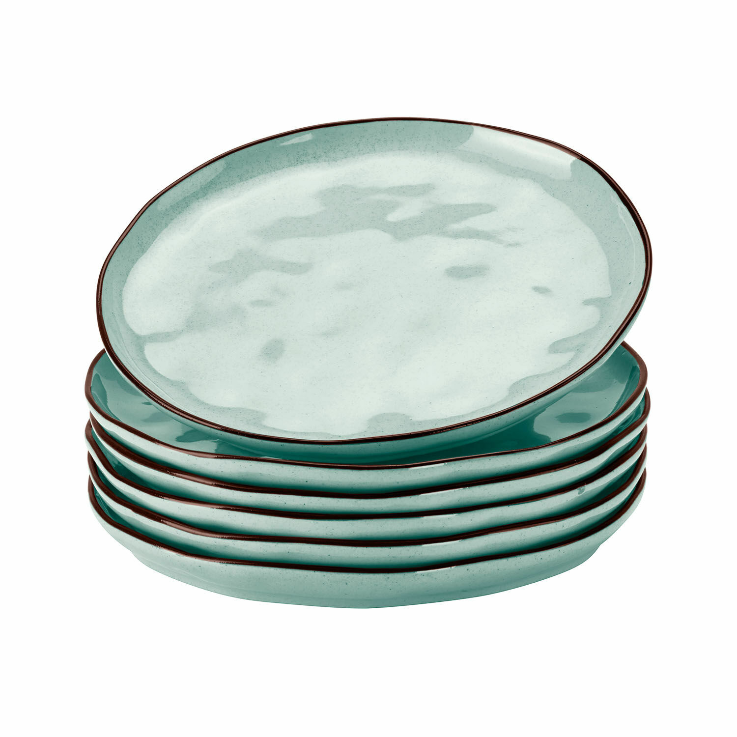Lot de 6 assiettes à dessert Biarré Ensemble de six assiettes en céramique vert menthe avec bord brun pour servir les repas