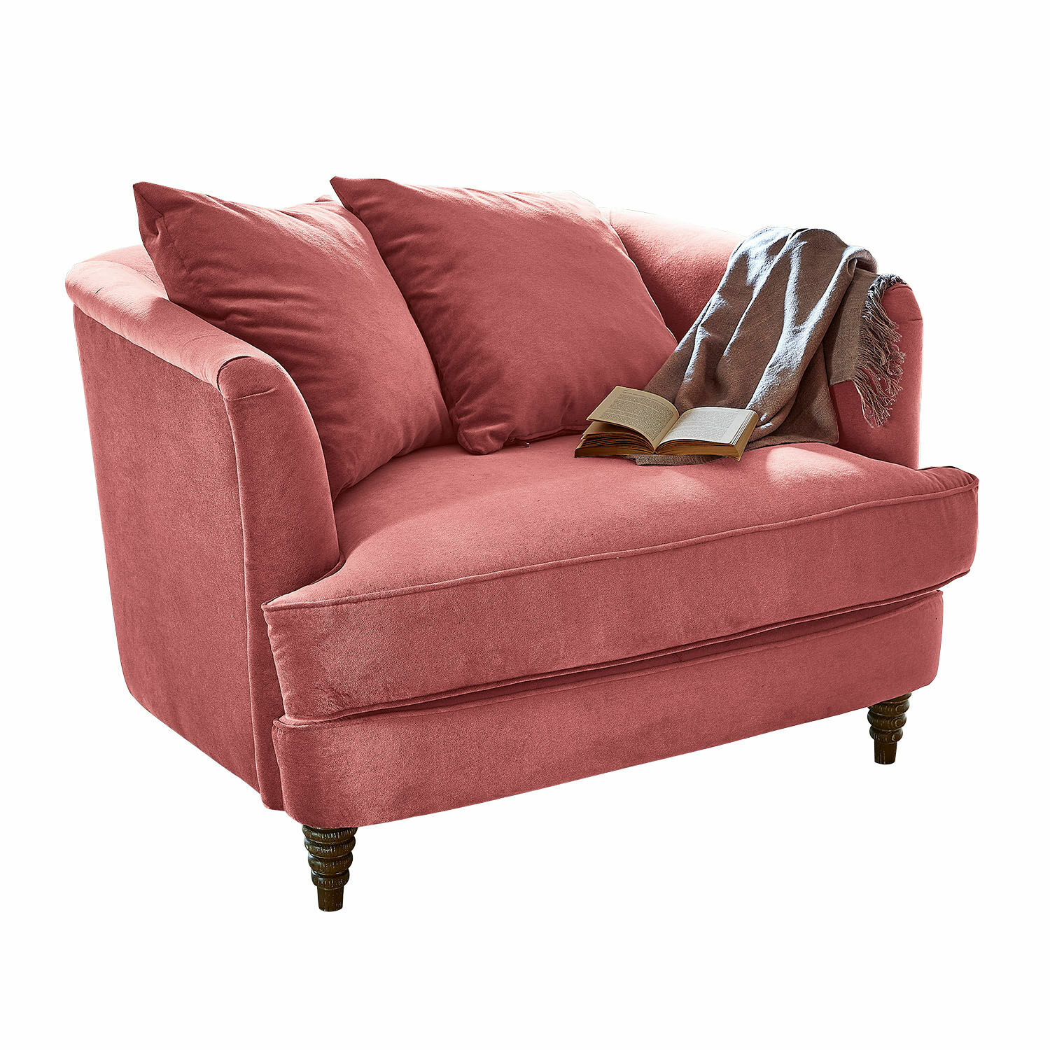 Fauteuil Etueffont Canapé rose en tissu doux avec coussins et plaid gris-brun, meuble confortable pour salon moderne