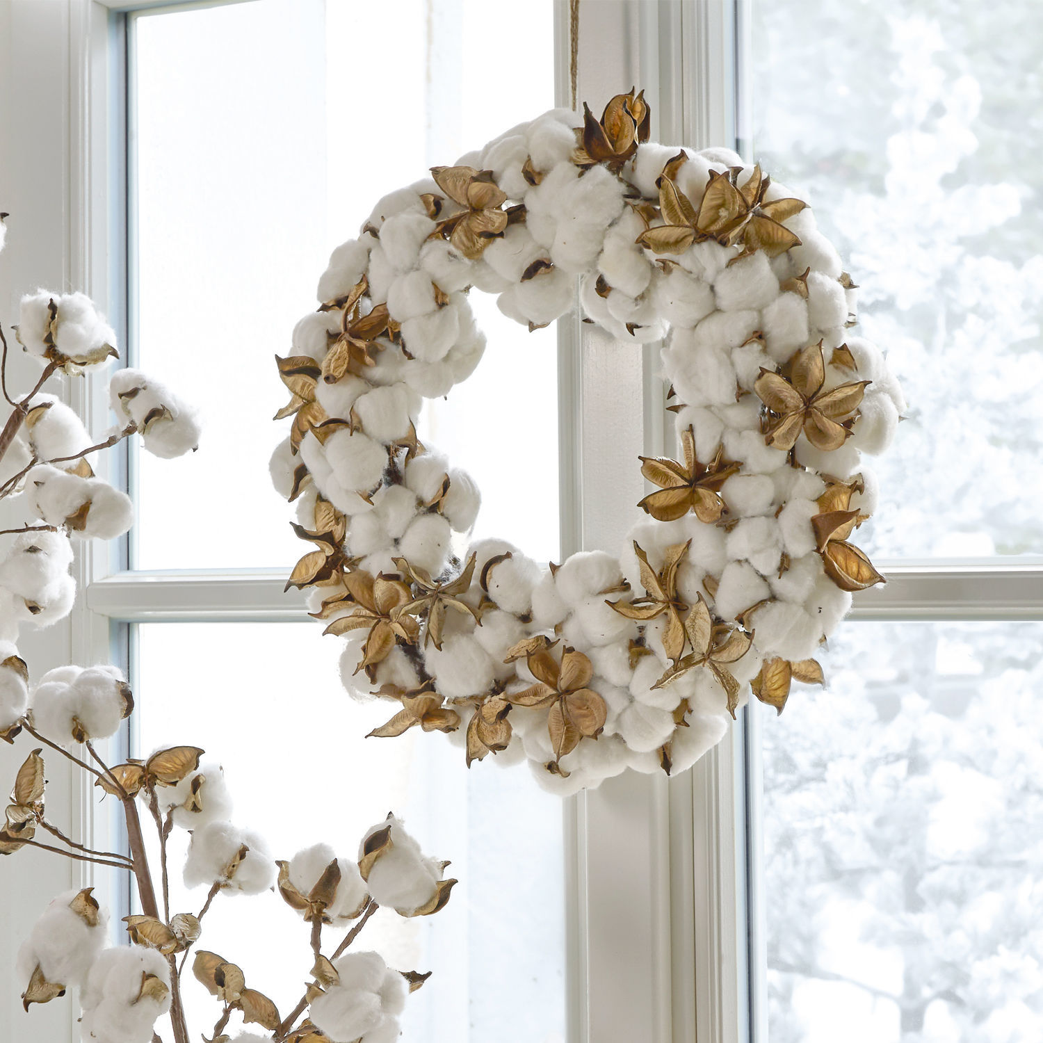 Couronne Sauves Couronne décorative en coton blanc et feuilles dorées, décoration naturelle pour fenêtre hivernale