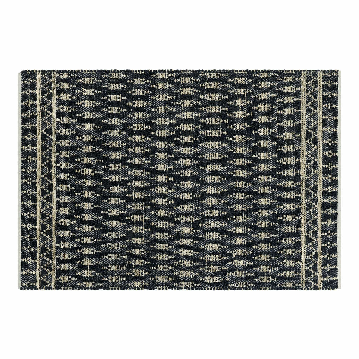 Tapis réversible Frizzy Tapis noir et crème à motif géométrique tissé en matériaux naturels, décoration de sol élégante