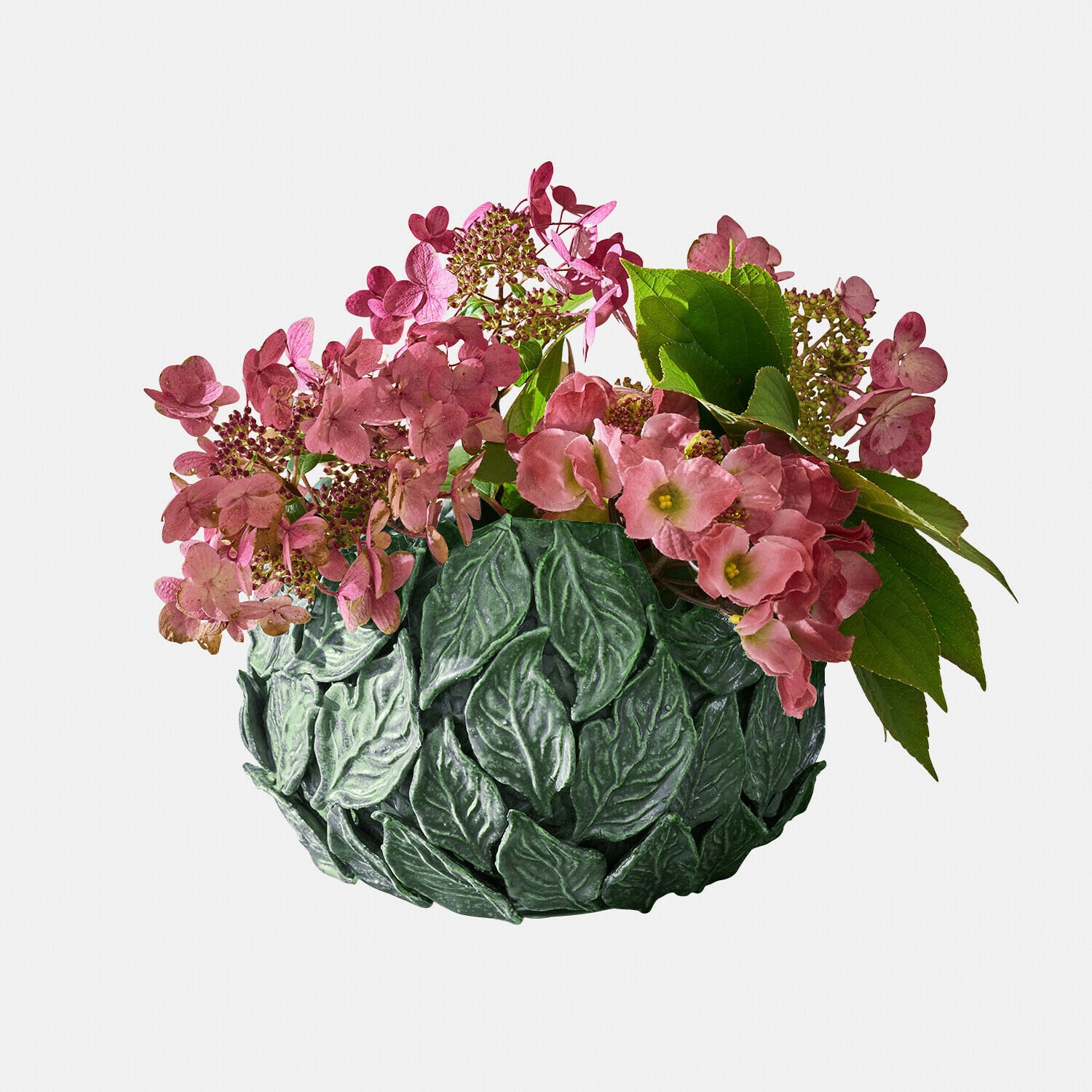Vase Fiorabela Cache-pot vert en forme de feuilles avec fleurs roses d'hortensia, décoration intérieure