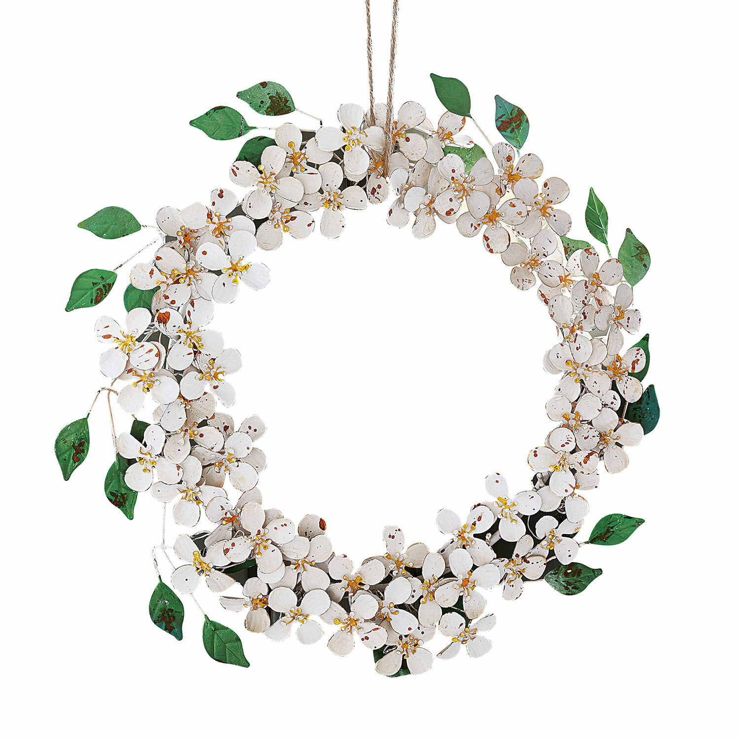 Couronne Loanne Couronne décorative en métal avec fleurs blanches et feuilles vertes à suspendre