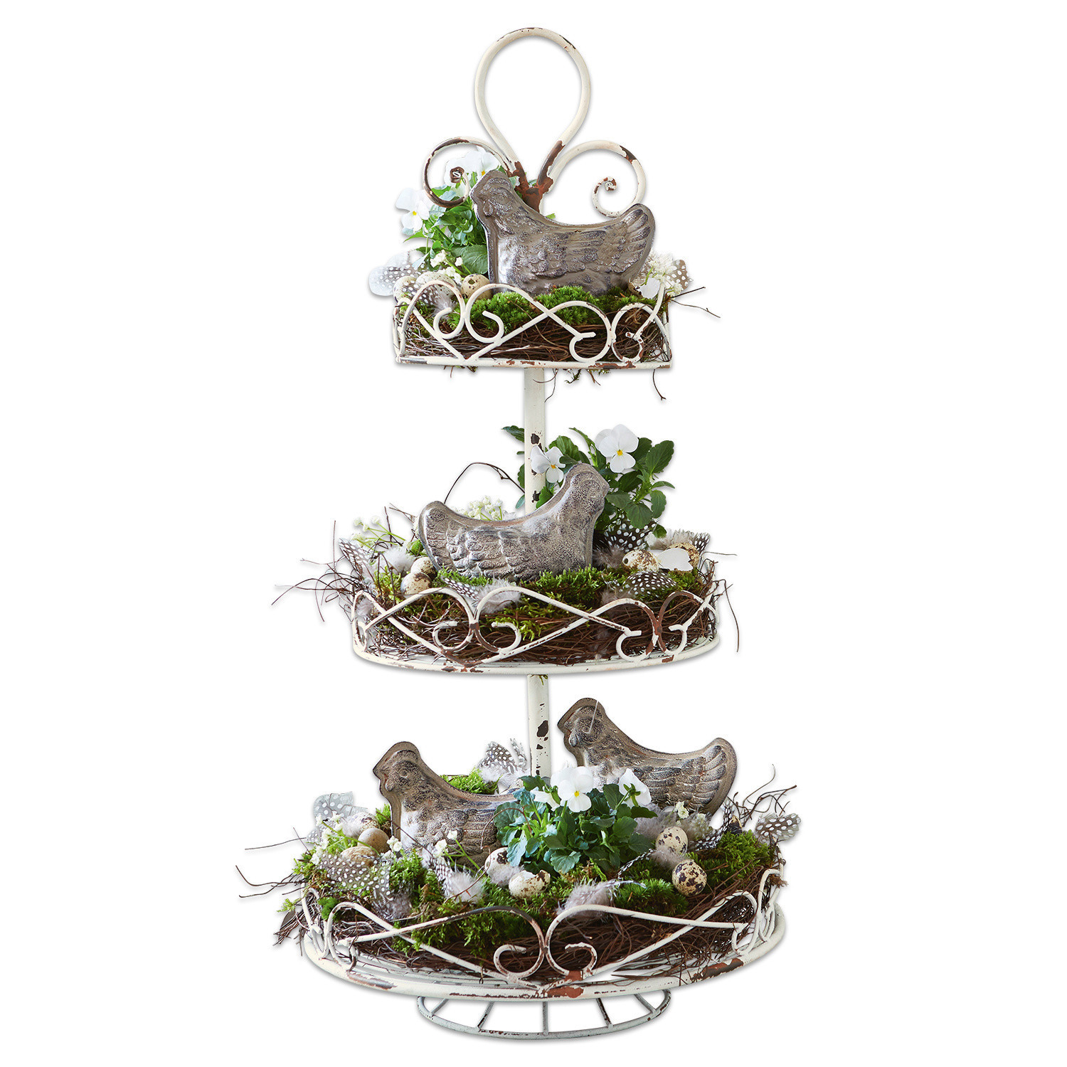 Étagère Julye Présentoir à trois niveaux en métal blanc avec décorations de poules et verdure, décoration rustique de table
