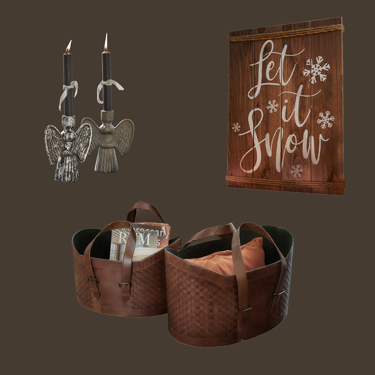 Décoration murale rustique en bois avec inscription Let it snow, bougeoirs ange en métal et paniers en cuir marron