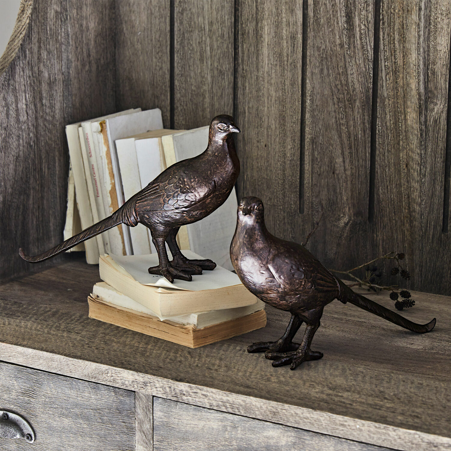 Lot de 2 oiseaux décoratifs Roddy Figurines décoratives d'oiseaux en métal brun posées sur une étagère en bois avec des livres