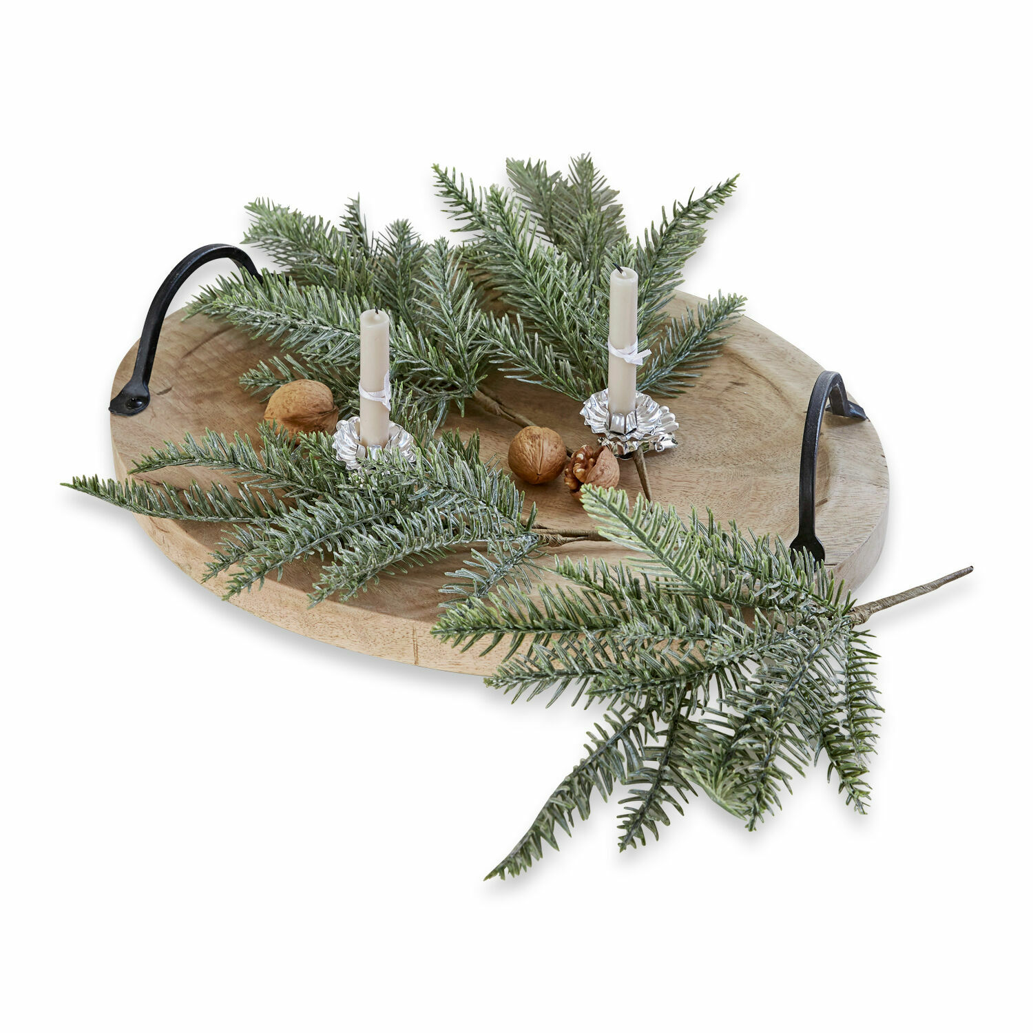 Lot de 4 branches décoratives Millies Plateau rond en bois avec poignées en métal, décoré de branches de sapin et bougies blanches