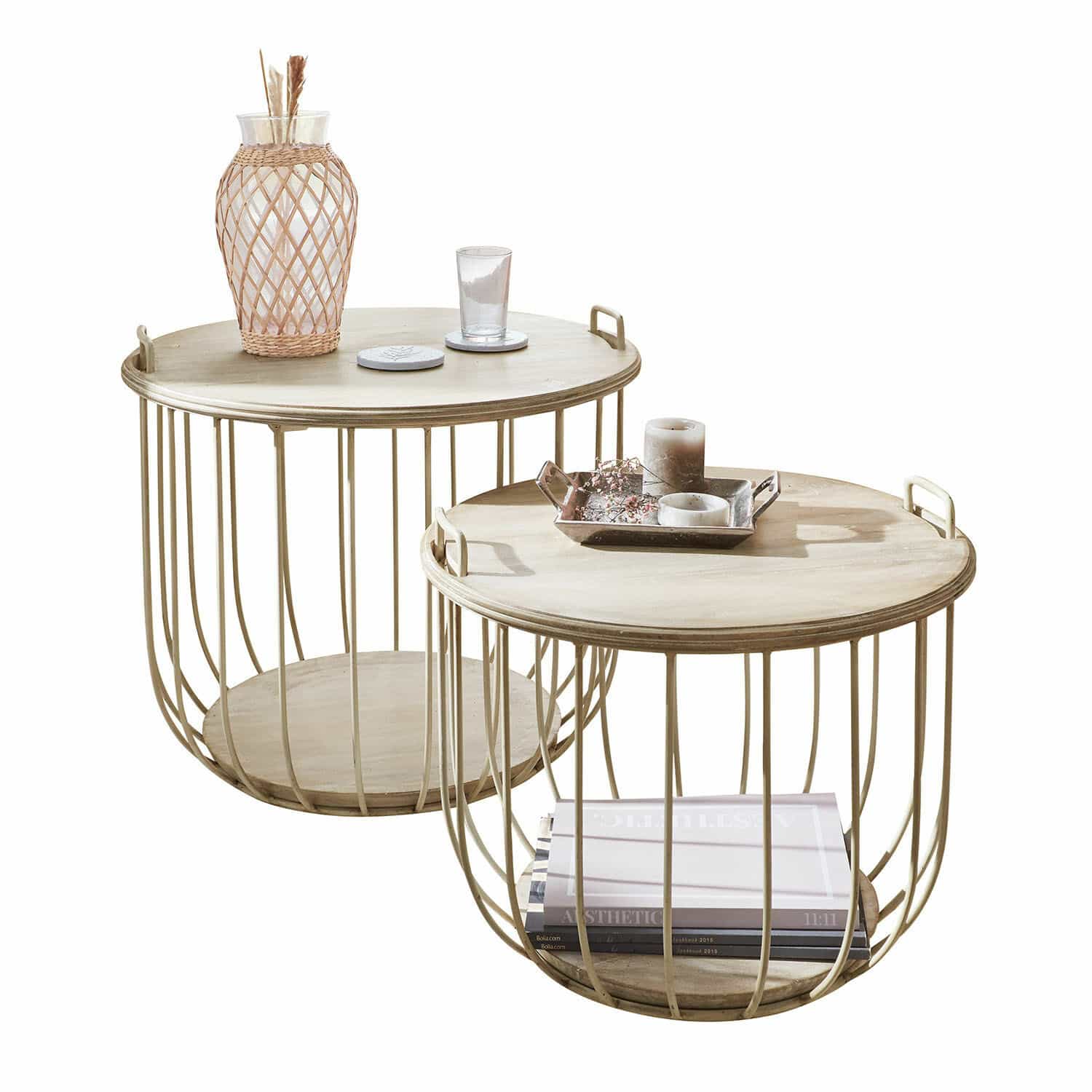 Lot de 2 tables basses Lawson Ensemble de deux tables basses rondes avec cadre métallique et plateau en bois clair pour salon