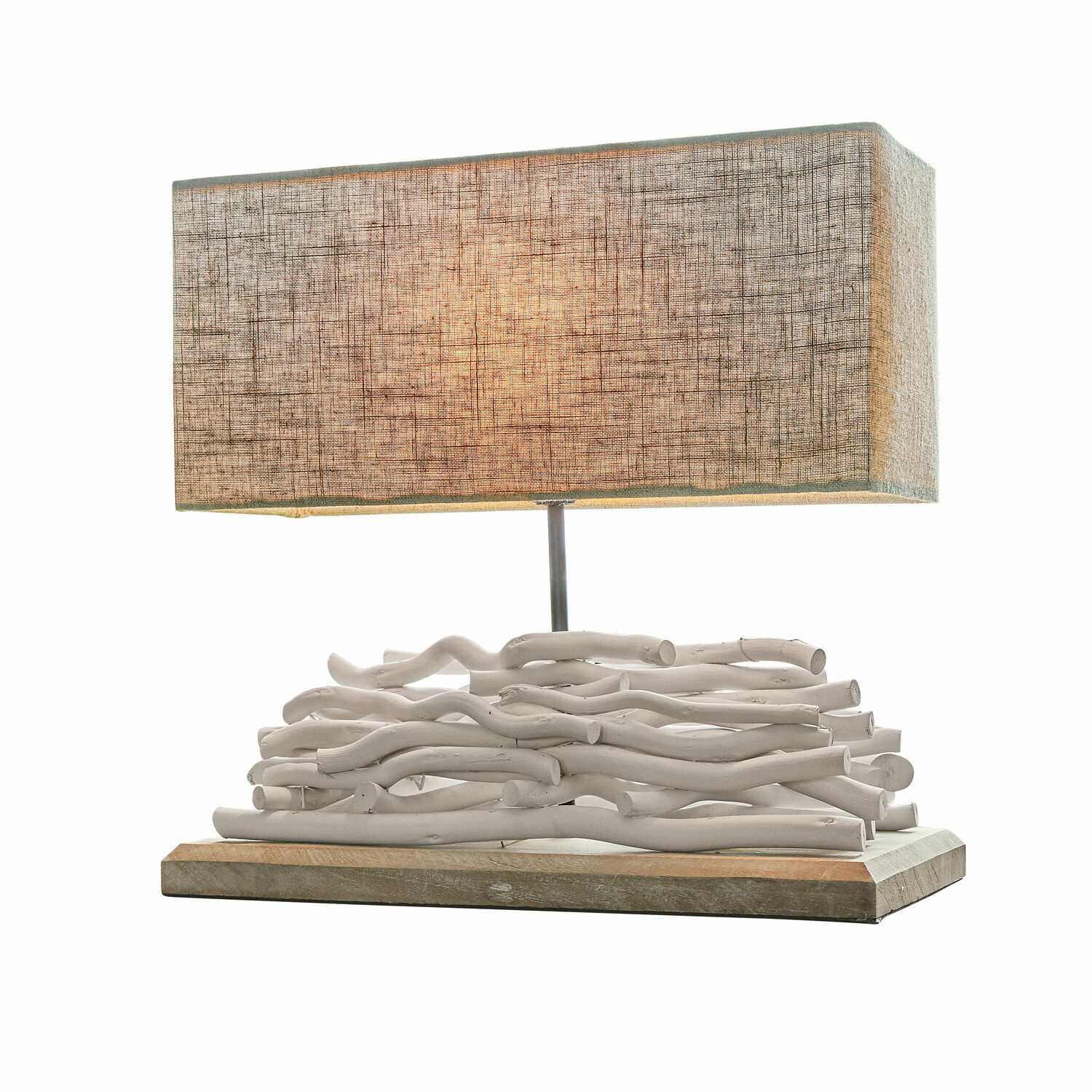 lin/blanc Lampe de table Caribou avec base en bois blanc et abat-jour beige en tissu, lampe décorative pour salon