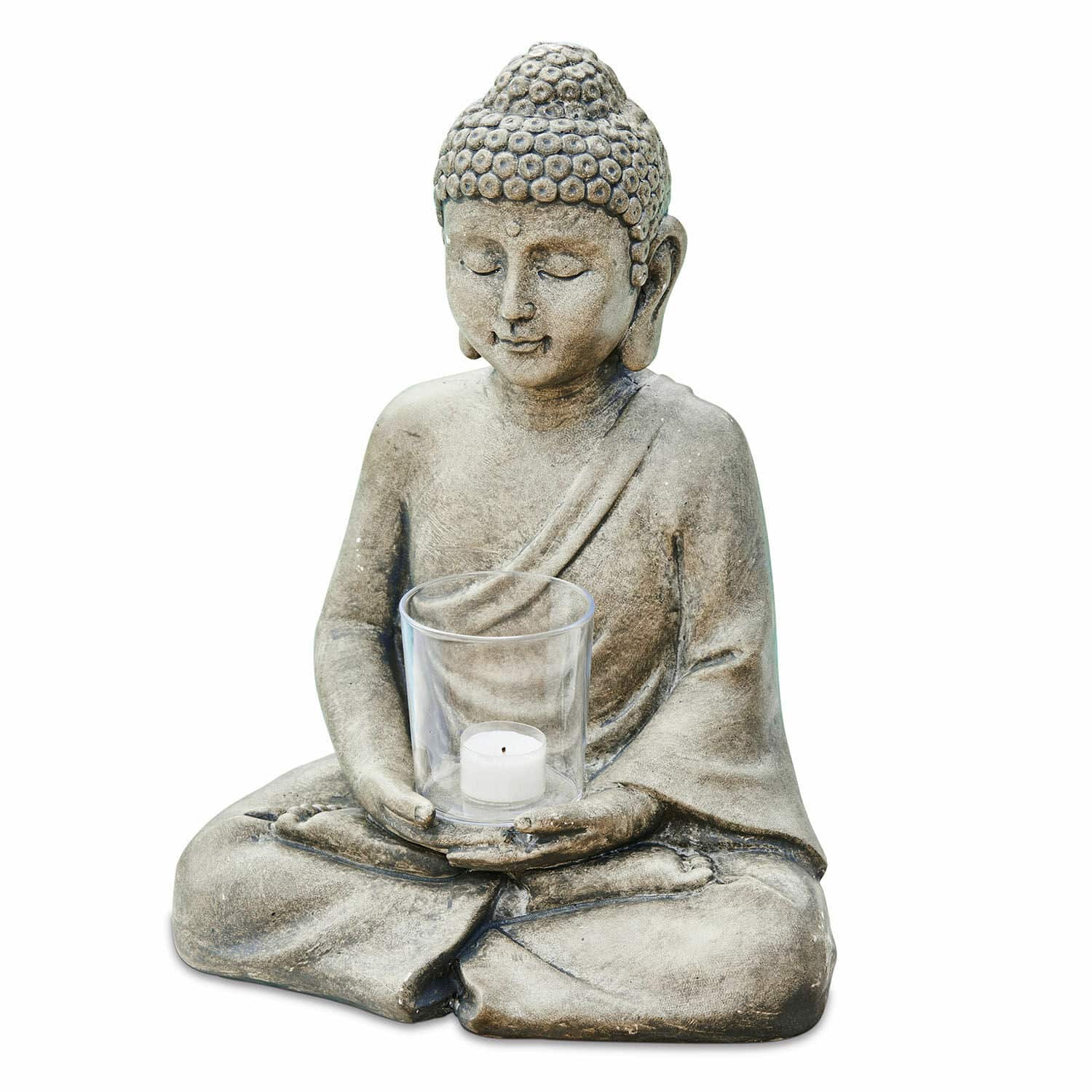 Statue de Bouddha en pierre grise avec photophore transparent pour bougie chauffe-plat, décoration zen
